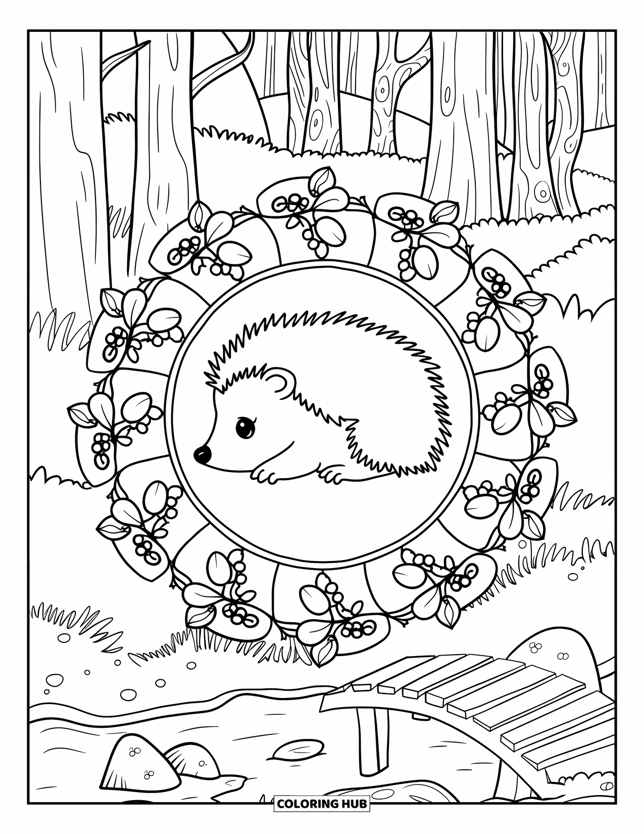 Woodland Animal Coloring Page for Adults: A hedgehog curls up in a mandala surrounded by berries, mushrooms, and trees