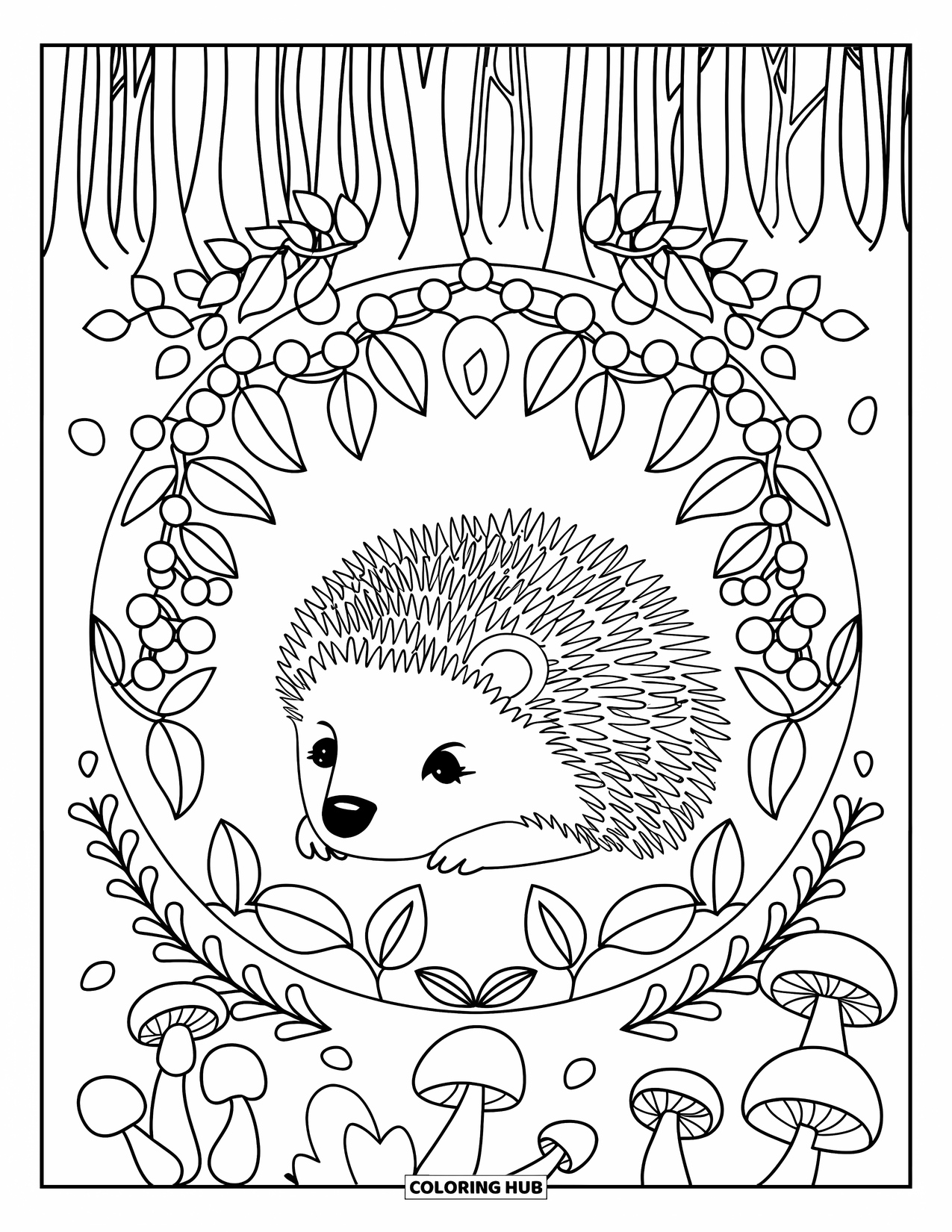Woodland Animal Coloring Page for Adults: A hedgehog rests at the center of a berry and mushroom-filled mandala