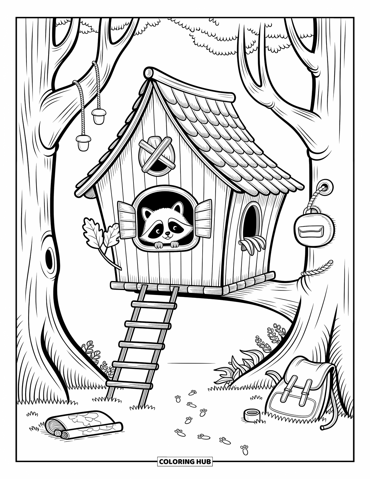 Woodland Animal Coloring Page for Adults: A raccoon peeks from a cozy treehouse filled with lanterns, pawprints, and woodland magic