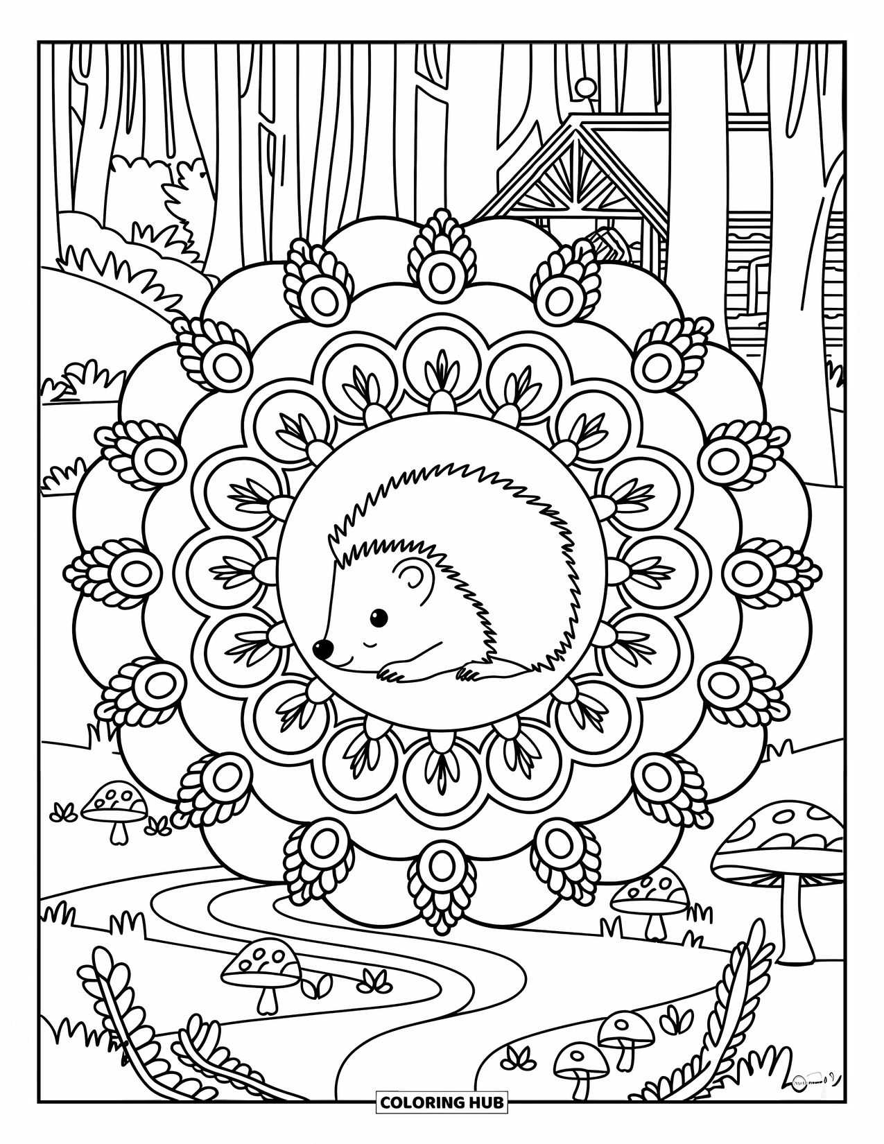 Woodland Animal Coloring Page for Adults: A sleepy hedgehog lies in a forest mandala with a cabin and winding path nearby