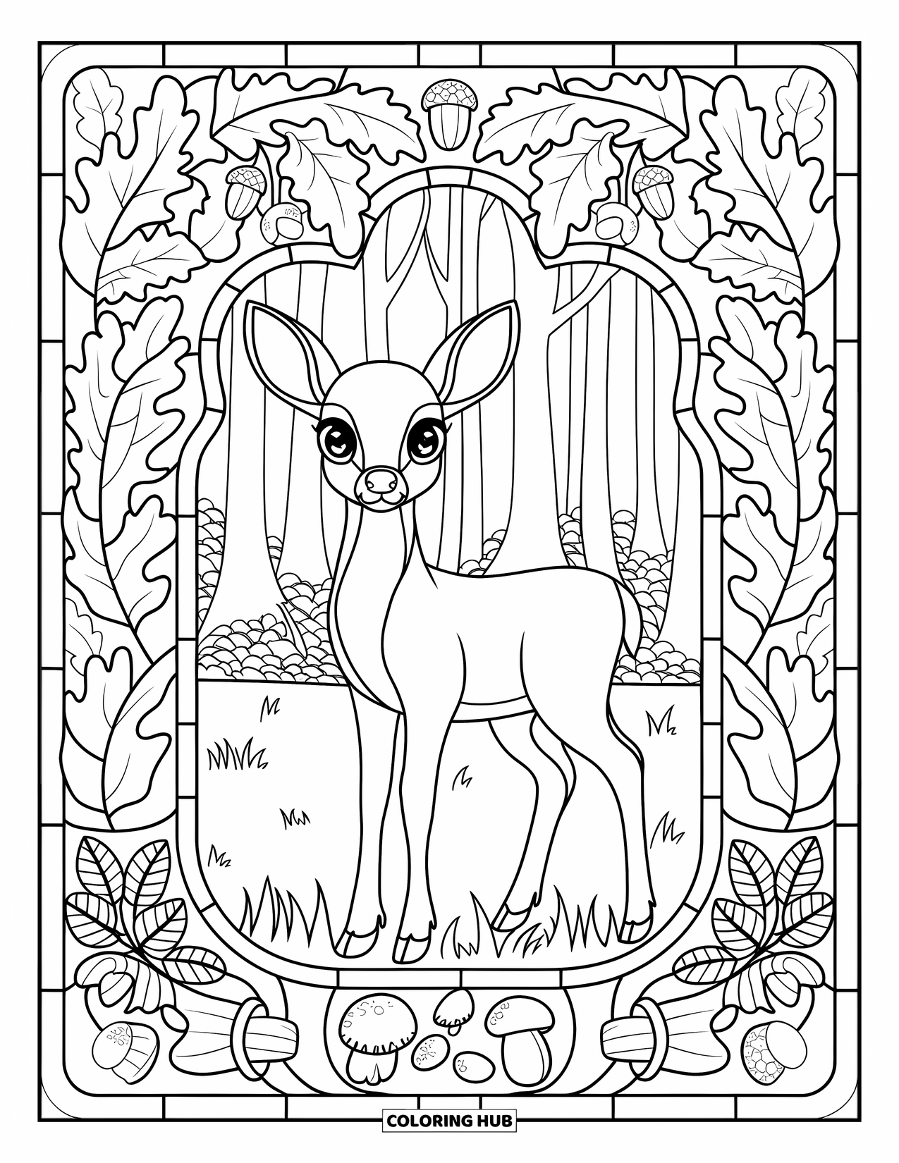 Woodland Animal Coloring Page for Adults: A sweet deer with big eyes stands in a grassy field inside a leafy pattern