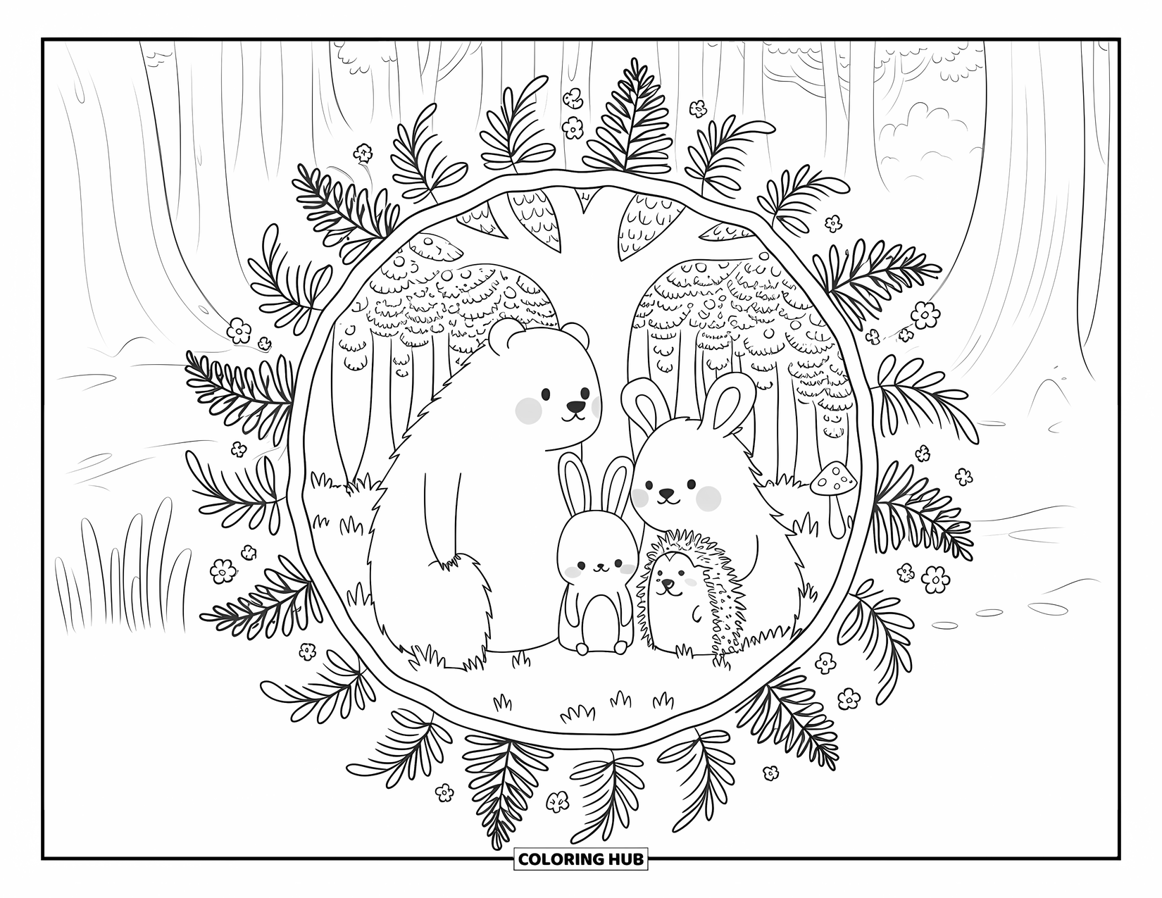 Woodland Animal Coloring Page for Adults: Three woodland friends sit quietly beneath a tree framed by ferns and mushrooms