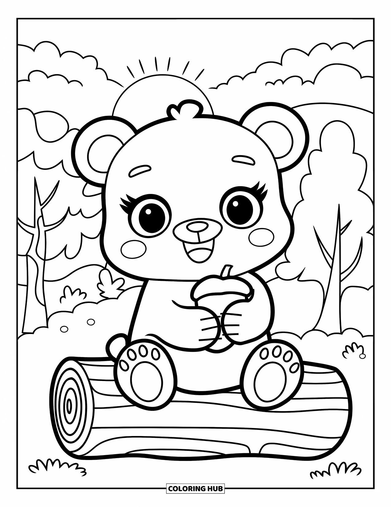 Woodland Animal Coloring Page for Kids: A baby bear sits on a log holding an acorn under trees and a soft sunset