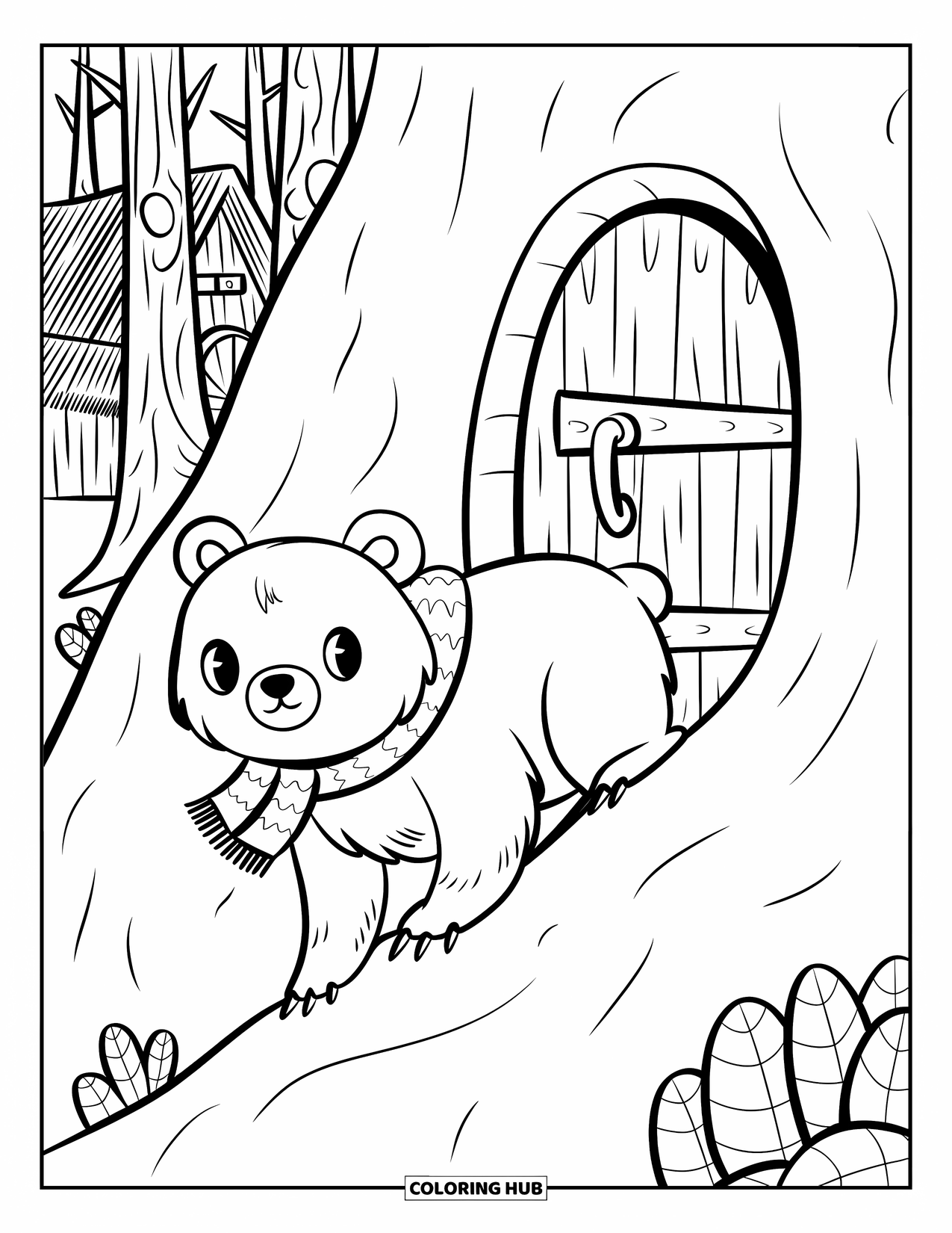 Woodland Animal Coloring Page for Kids: A bear in a scarf climbs a hill near a wooden-doored cave and a cozy cabin