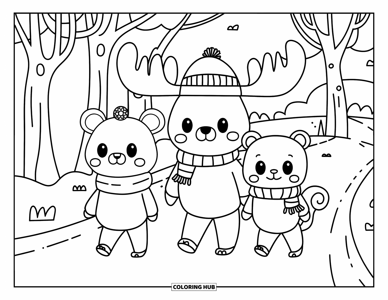 Woodland Animal Coloring Page for Kids: A bear in a scarf, moose in a scarf, and squirrel in a hat stroll together