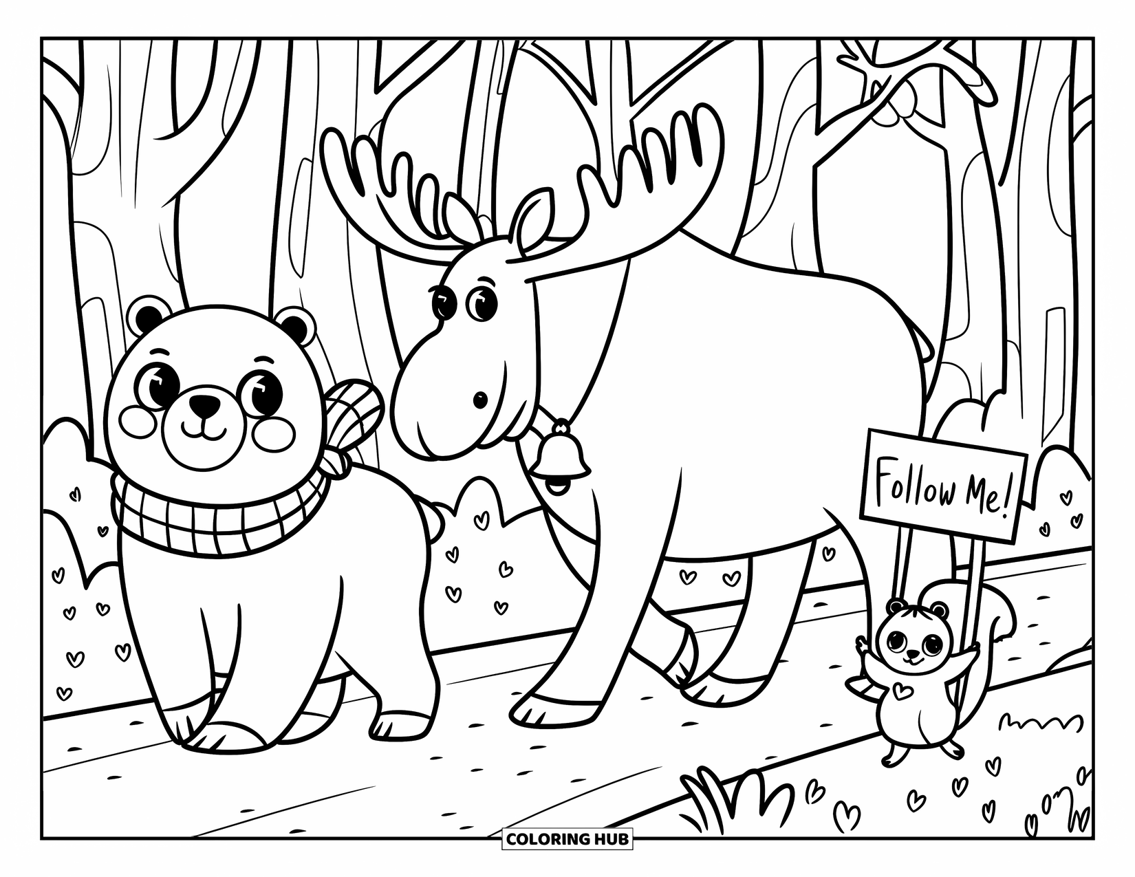 Woodland Animal Coloring Page for Kids: A bear, moose, and cheerful squirrel march along a forest path lined with tall trees