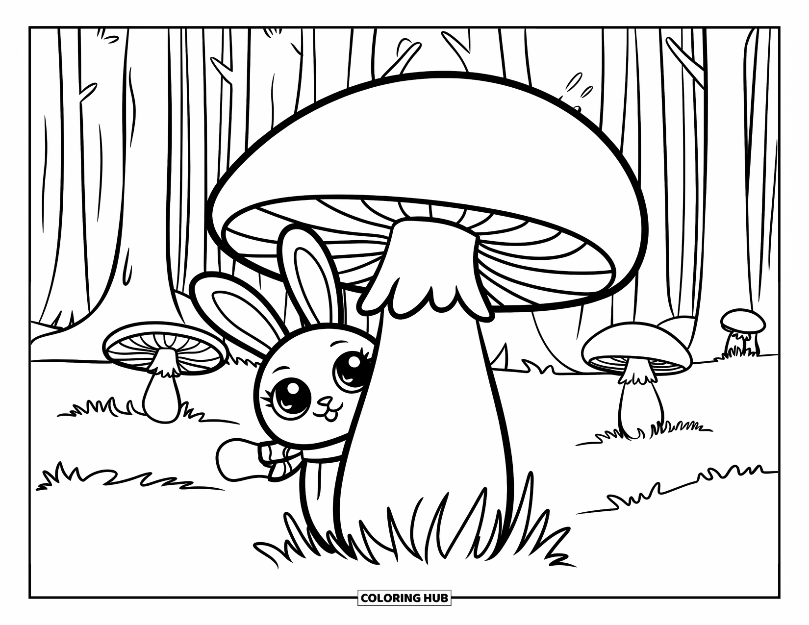 Woodland Animal Coloring Page for Kids: A bunny peeks behind a mushroom while surrounded by trees and scattered forest fungi
