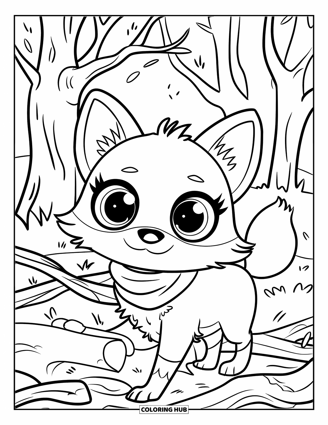 Woodland Animal Coloring Page for Kids: A cautious fox in a scarf walks under bare trees and broken branches