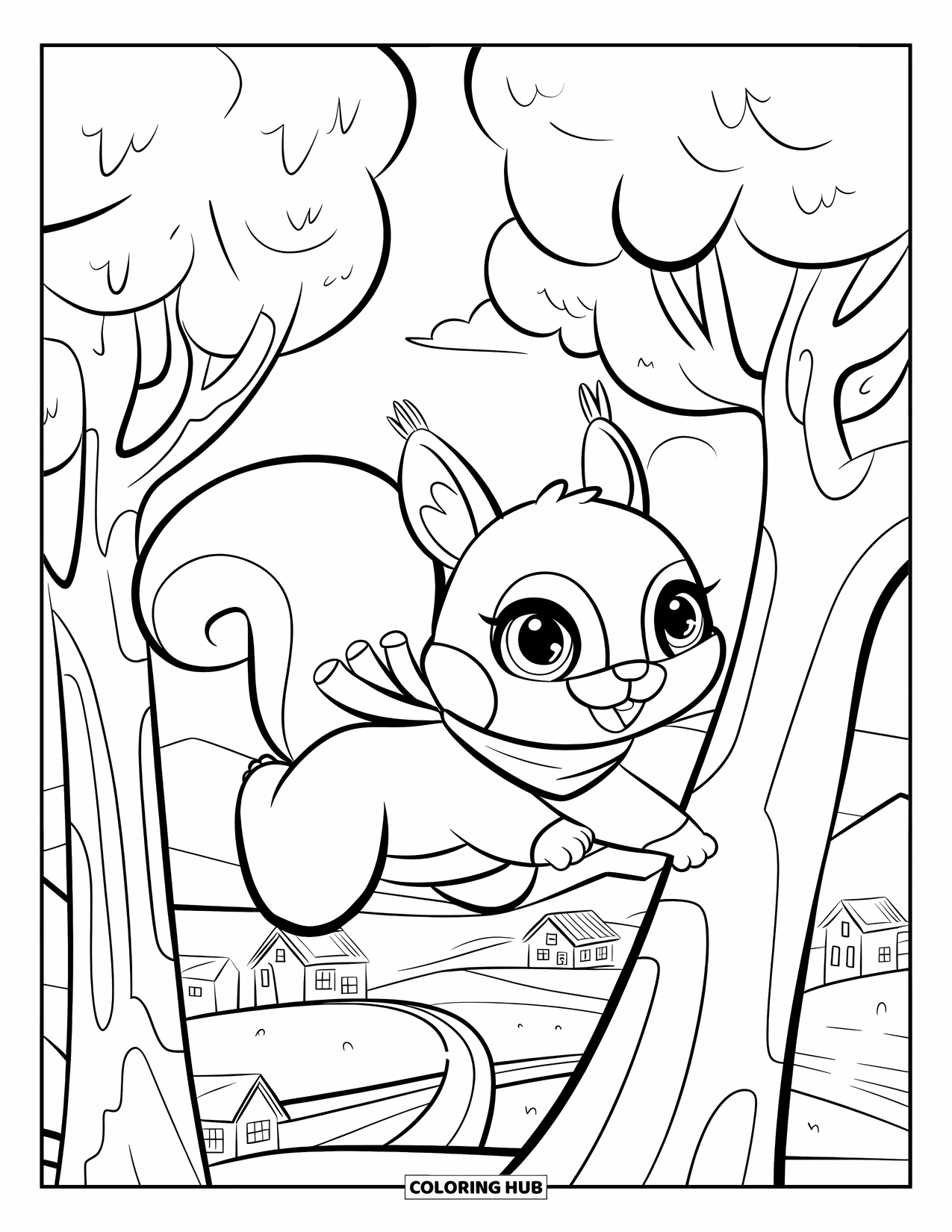 Woodland Animal Coloring Page for Kids: A cheerful squirrel leaps from tree to tree above houses and a winding road