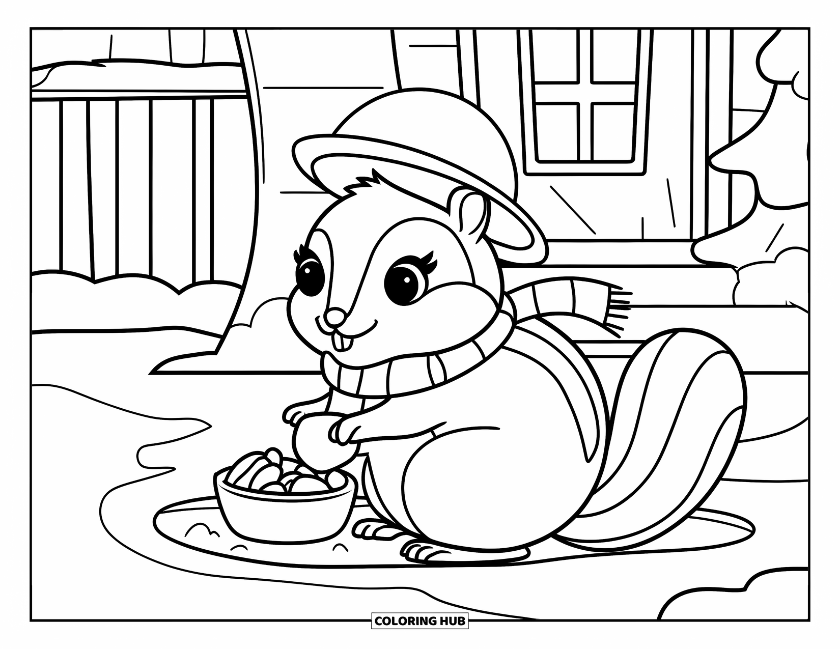 Woodland Animal Coloring Page for Kids: A chipmunk in a scarf stores food inside a burrow near a cottage