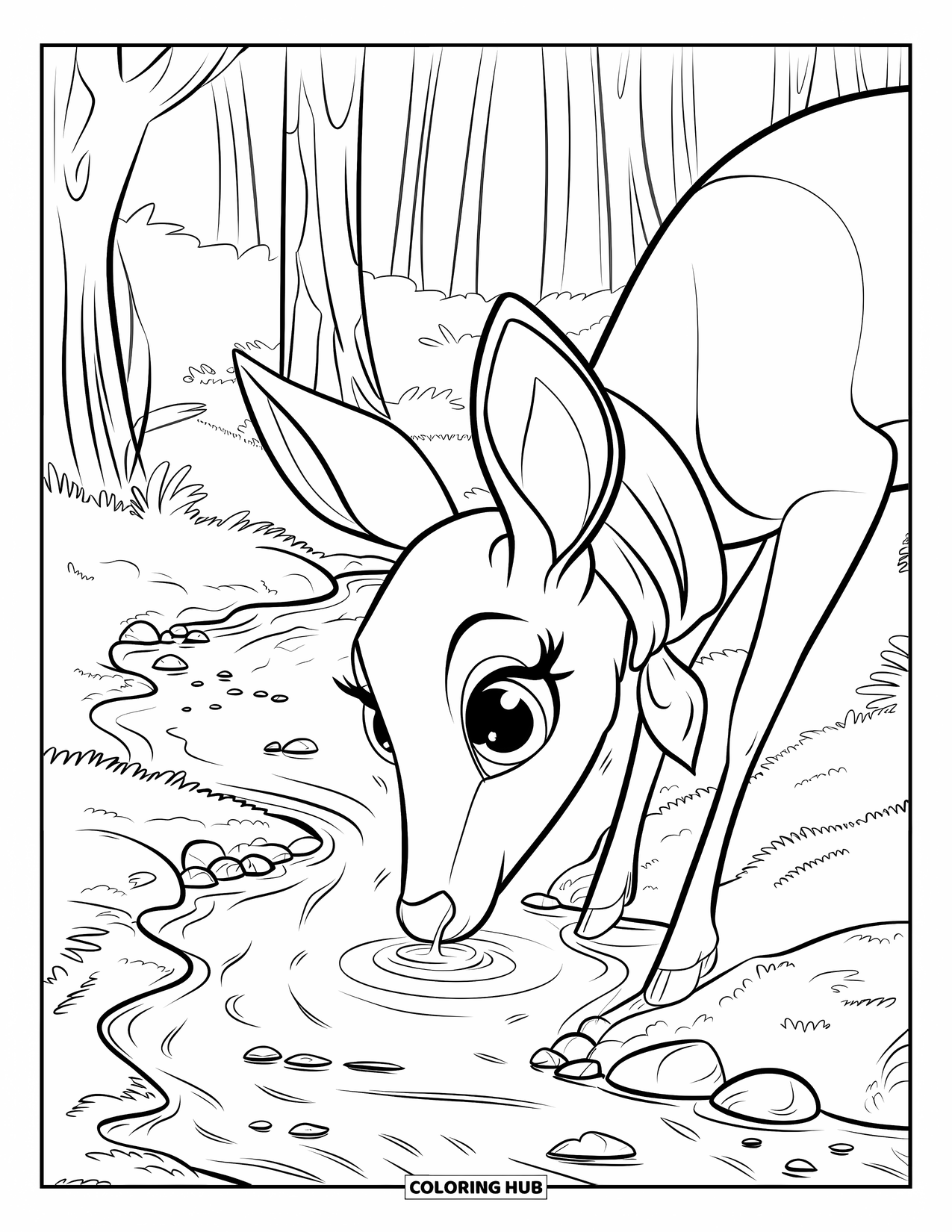 Woodland Animal Coloring Page for Kids: A cozy deer in a scarf sips water from a quiet creek lined with rocks