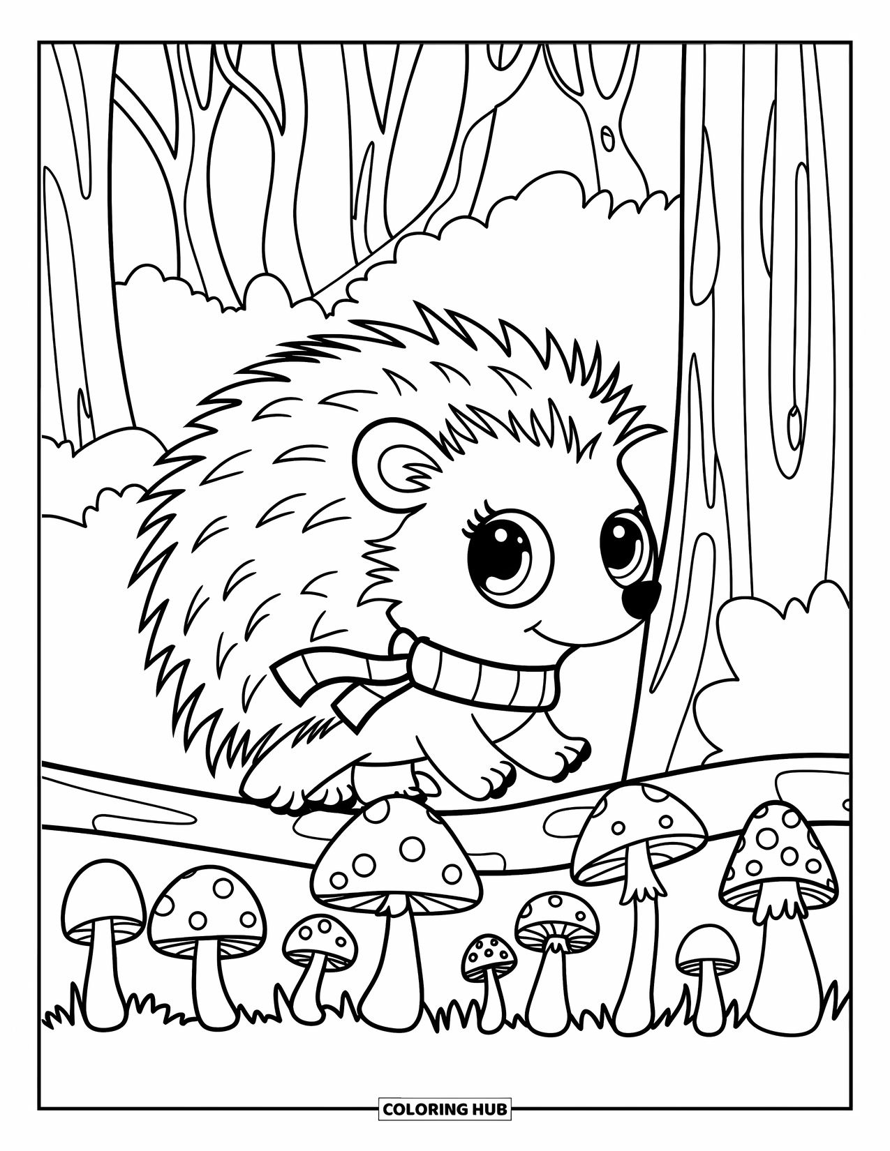 Woodland Animal Coloring Page for Kids: A cute hedgehog in a scarf walks across a mushroom path in the woods