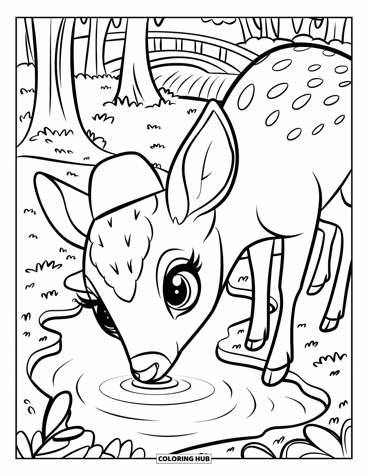 Woodland Animal Coloring Page for Kids: A deer in a hat drinks from a creek surrounded by trees and a small bridge