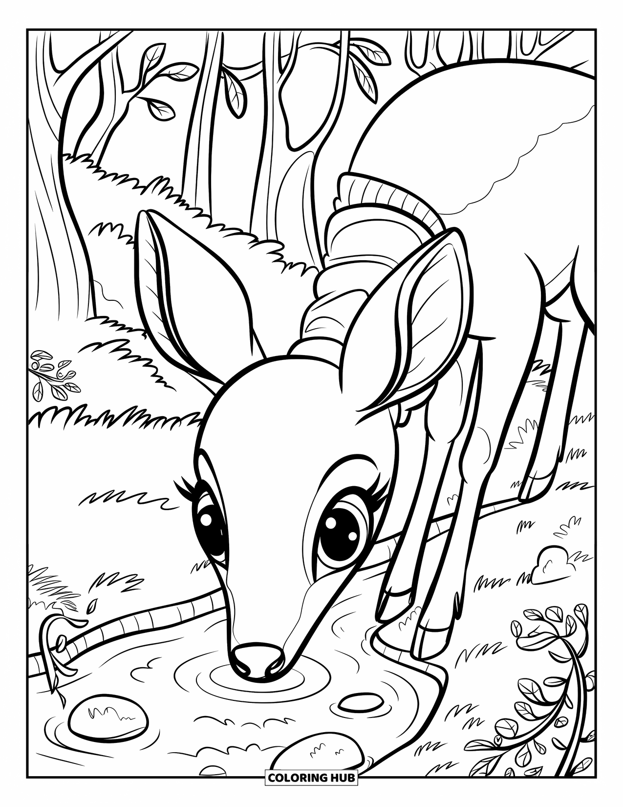 Woodland Animal Coloring Page for Kids: A deer in a scarf drinks from a creek surrounded by plants and quiet trees