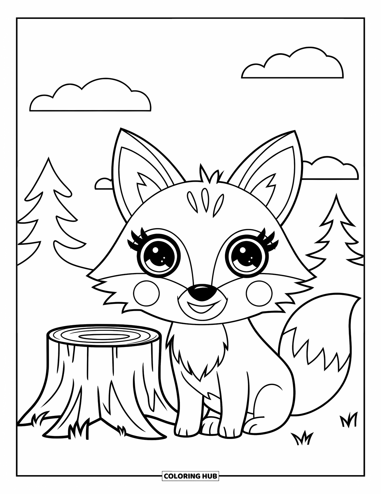Woodland Animal Coloring Page for Kids: A fluffy-tailed fox sits by a stump under a clear sky near the forest