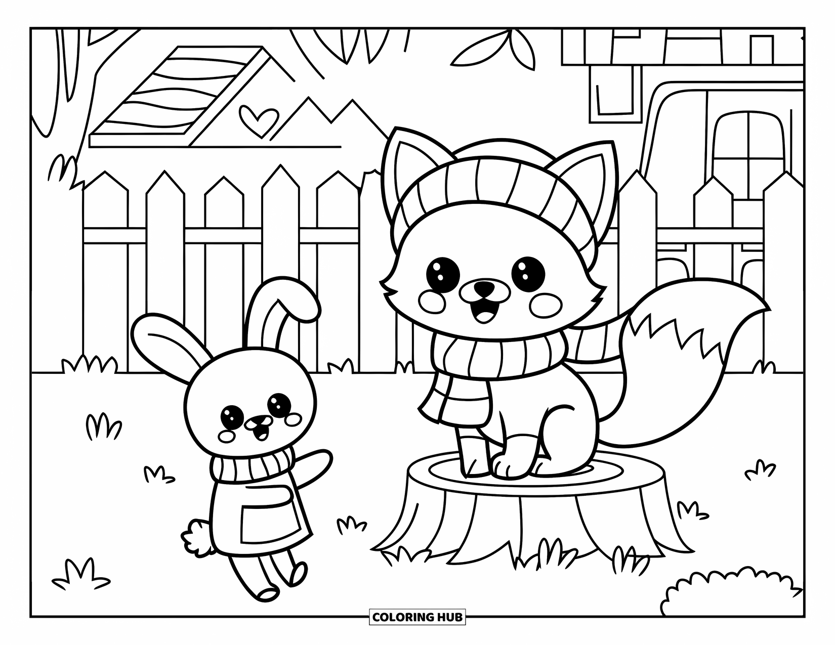 Woodland Animal Coloring Page for Kids: A fox and bunny play together near a tree stump in a cozy forest yard