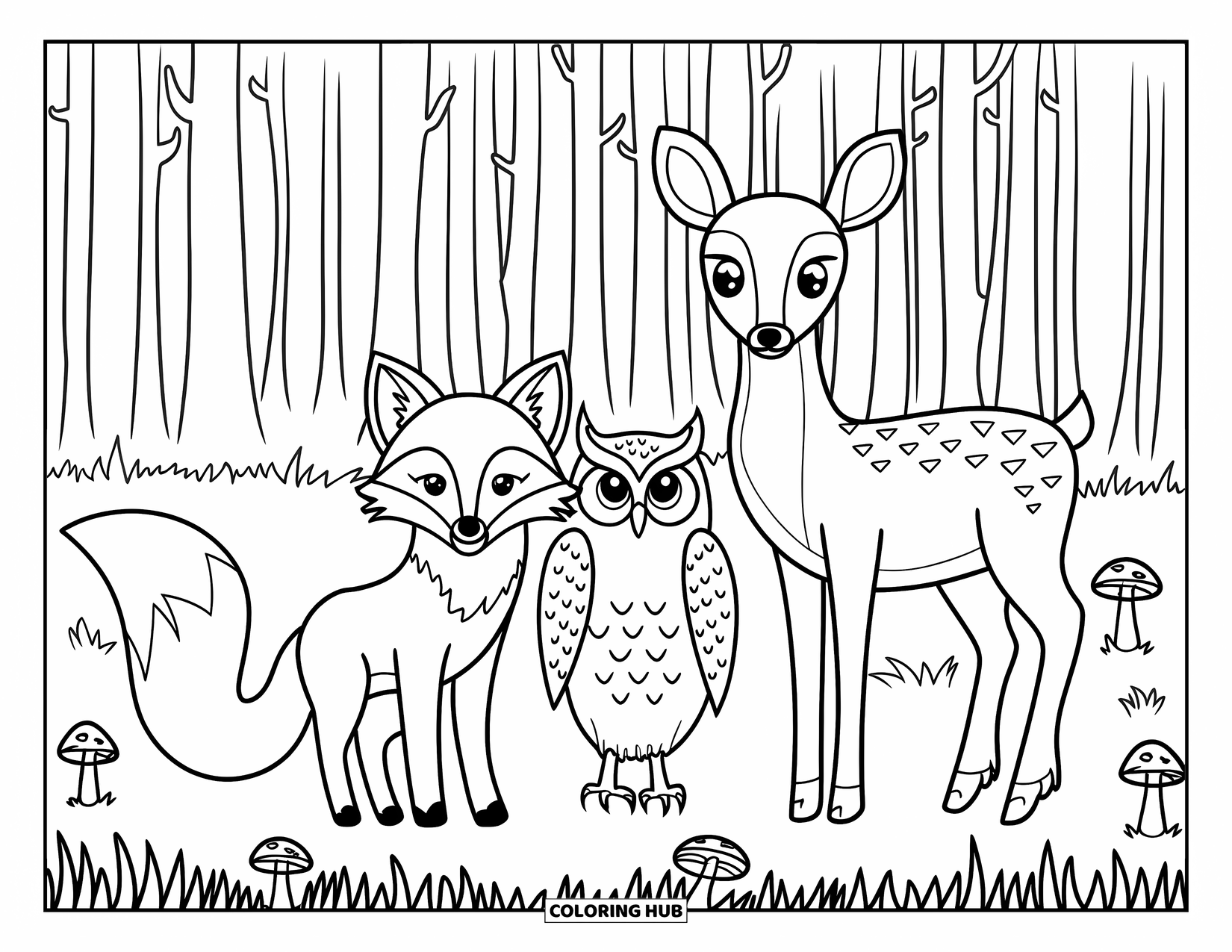 Woodland Animal Coloring Page for Kids: A fox, owl, and deer stand close together in a peaceful forest clearing