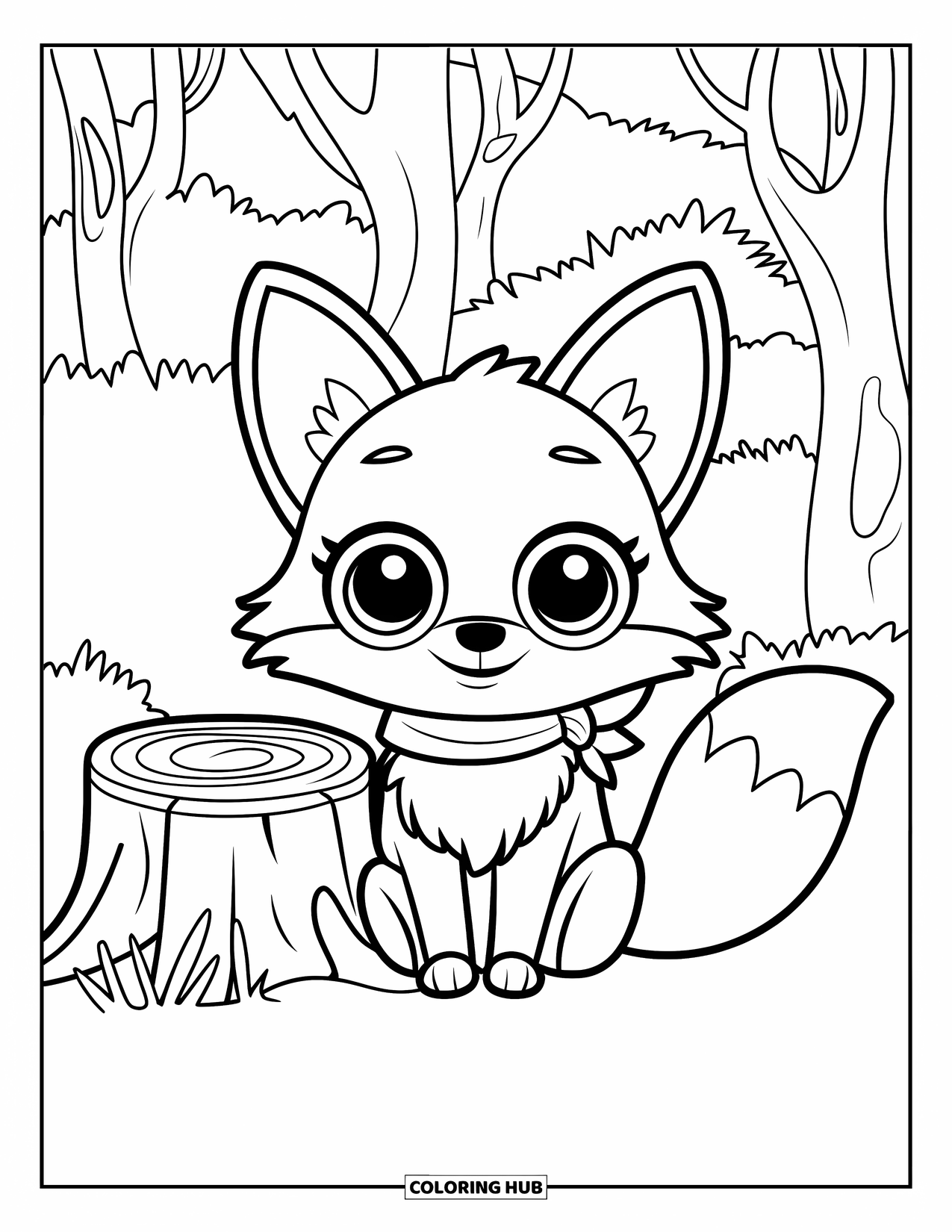 Woodland Animal Coloring Page for Kids: A fox with big eyes sits beside a stump in a quiet forest clearing