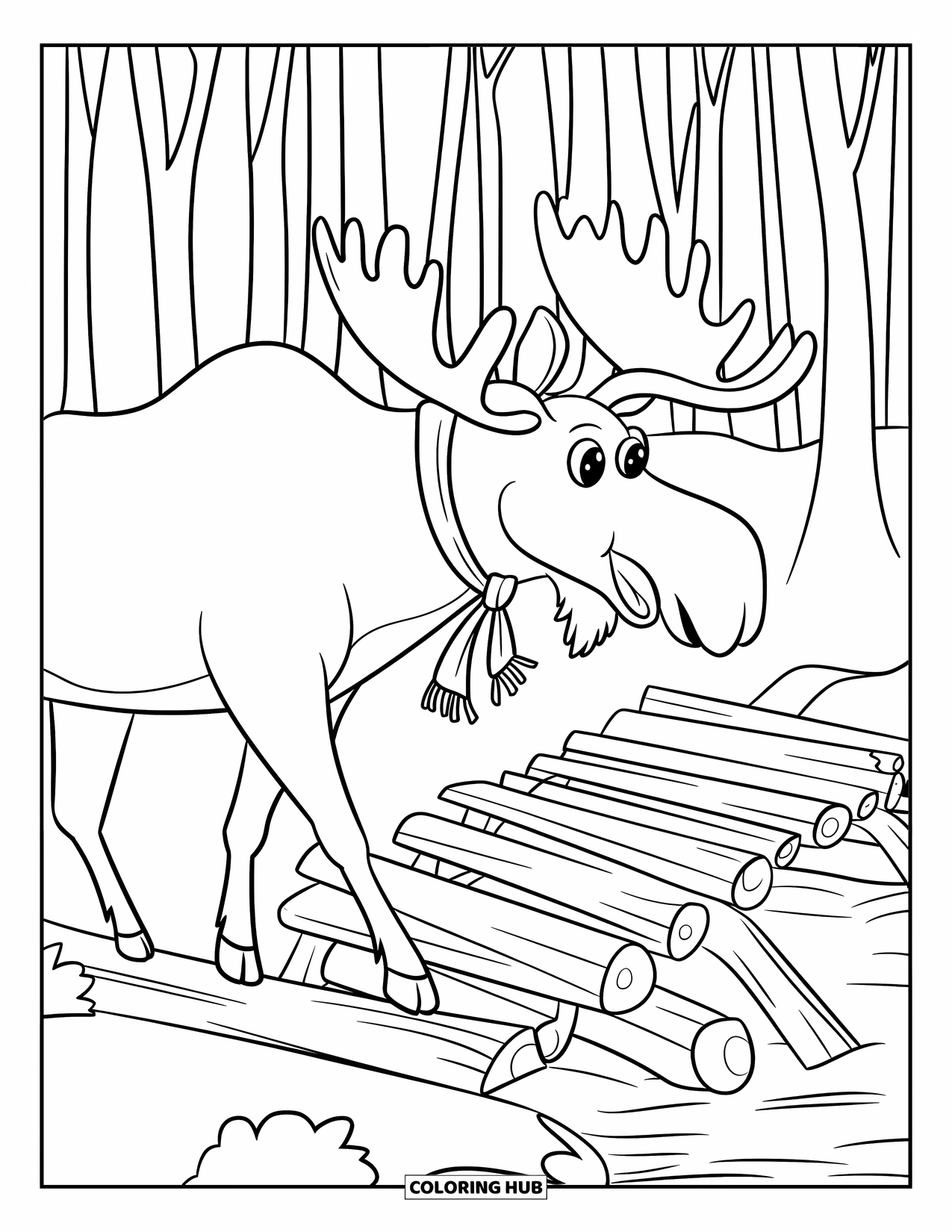 Woodland Animal Coloring Page for Kids: A happy moose in a scarf walks past a broken log bridge in the forest