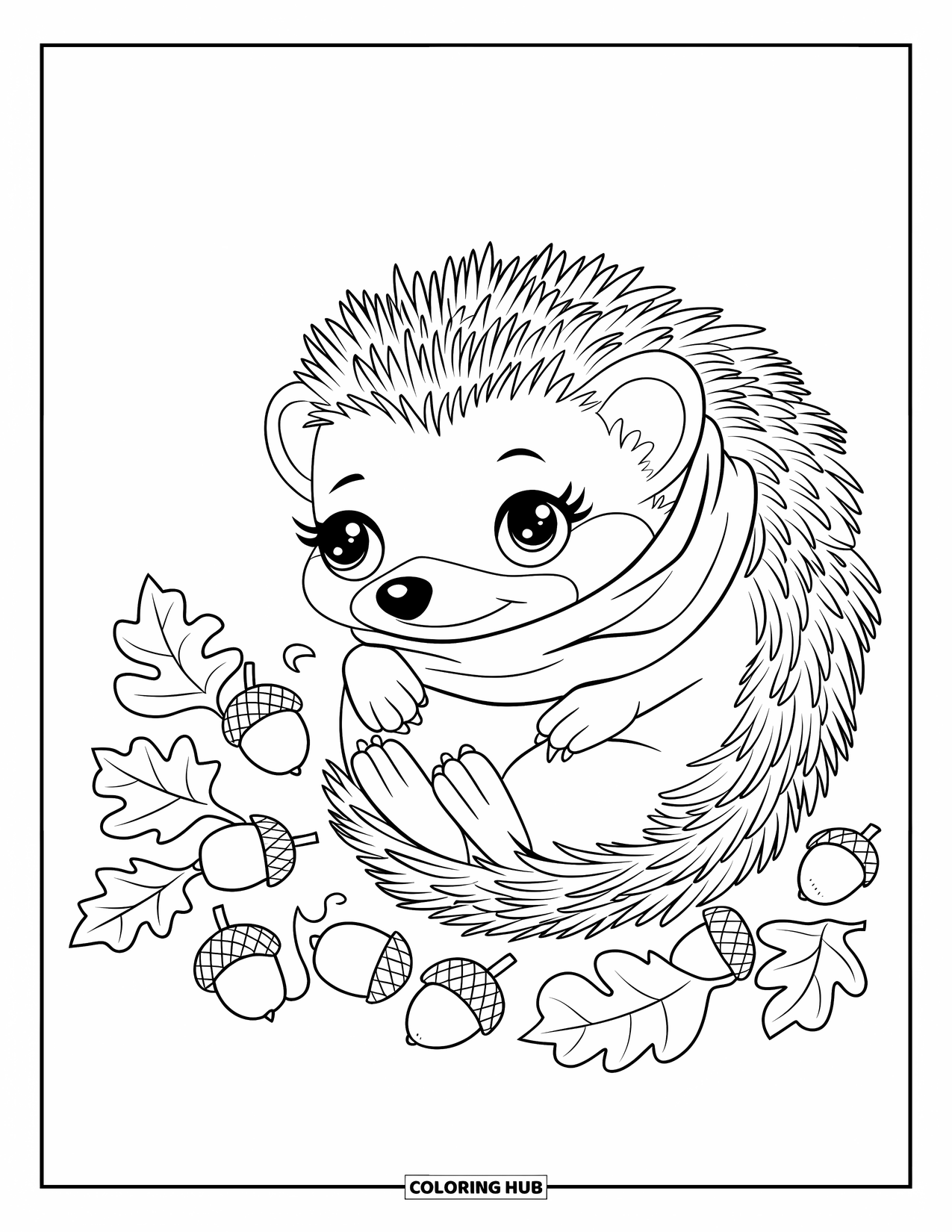 Woodland Animal Coloring Page for Kids: A hedgehog in a scarf curls up beside scattered acorns and colorful autumn leaves