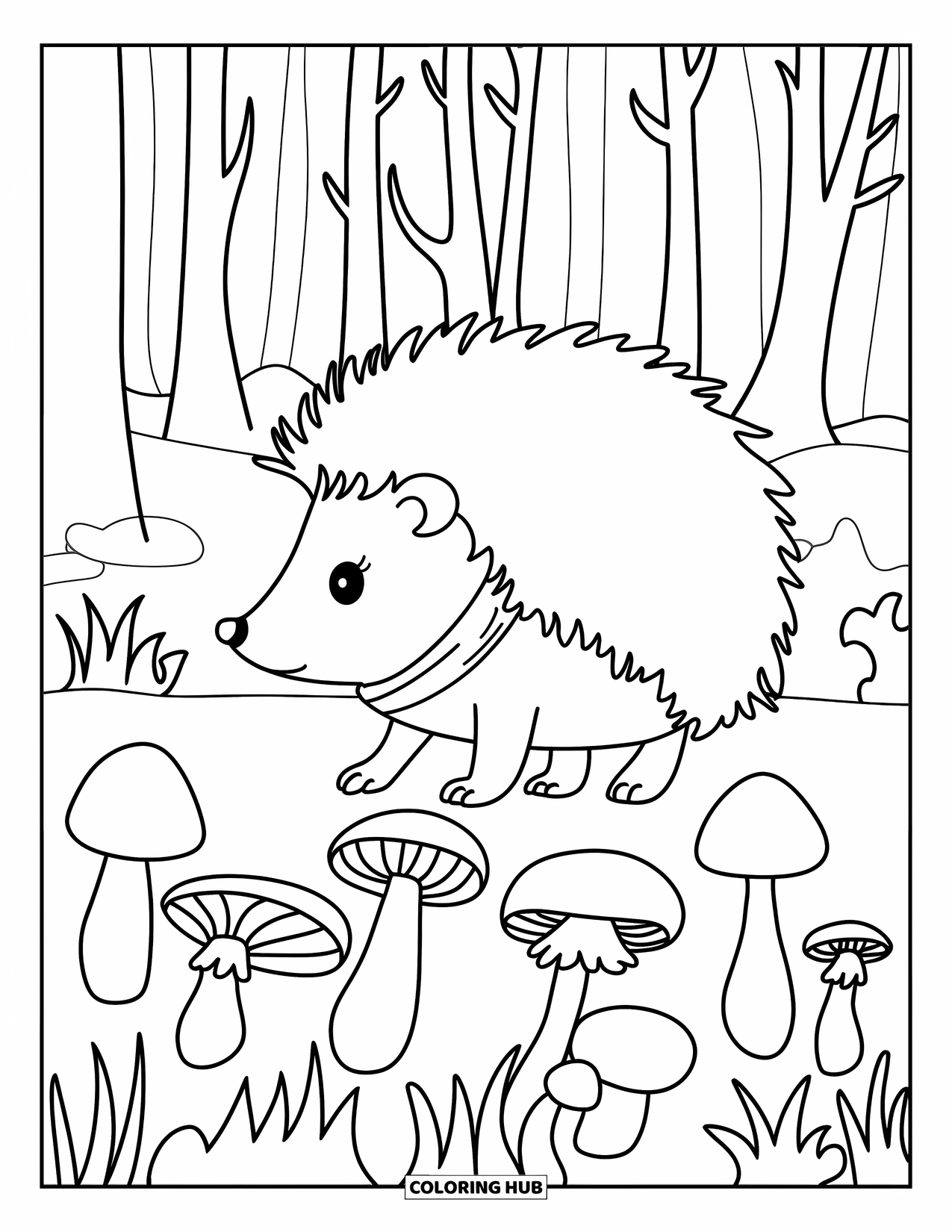 Woodland Animal Coloring Page for Kids: A hedgehog in a scarf steps carefully across mushrooms in a tall forest