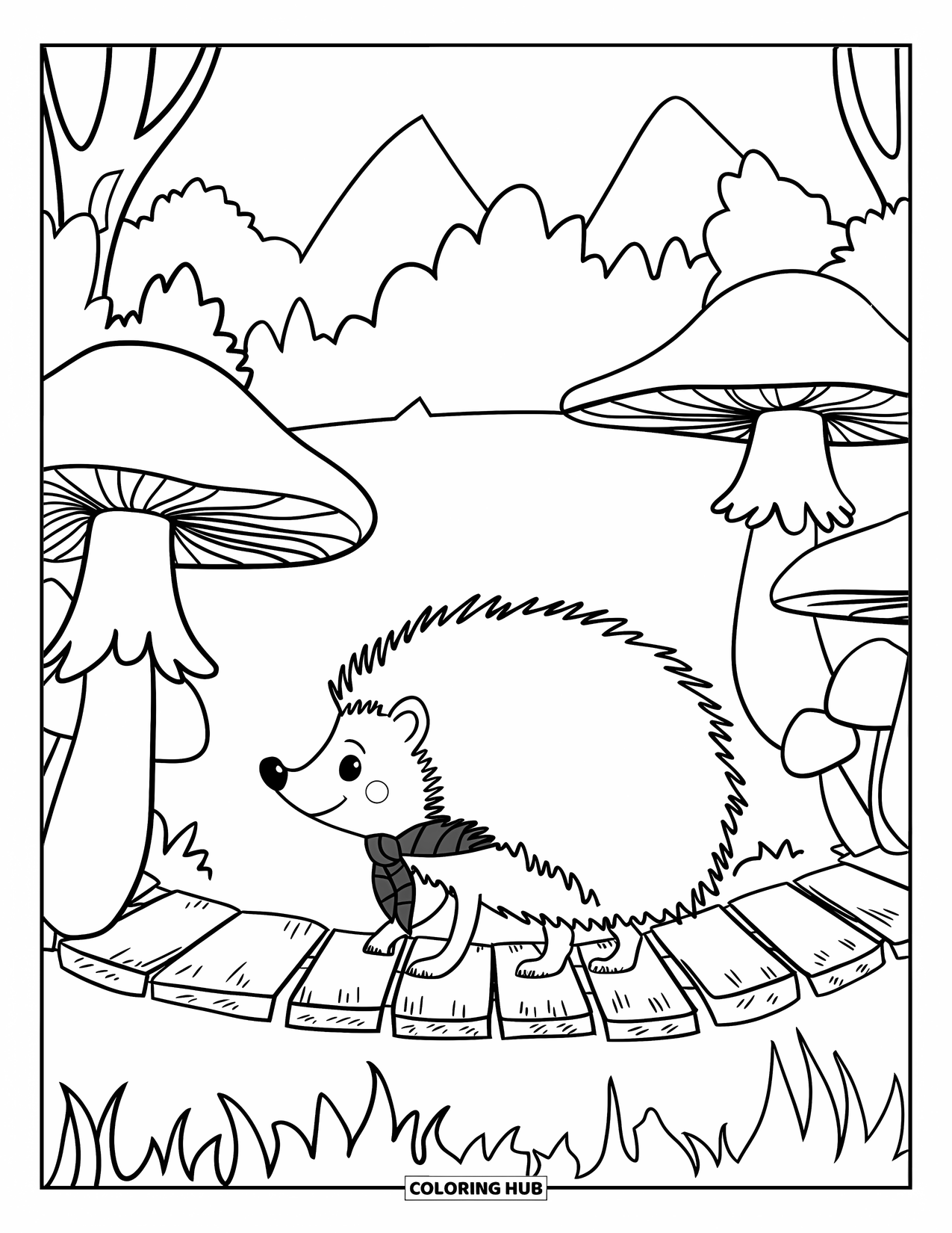 Woodland Animal Coloring Page for Kids: A hedgehog with a pink nose crosses large mushrooms on a wooden trail by mountains