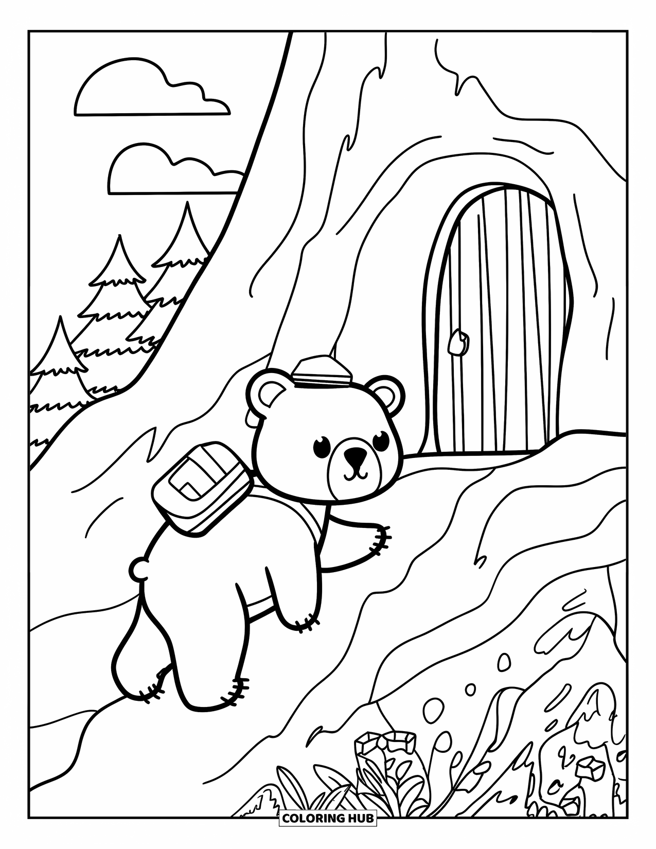 Woodland Animal Coloring Page for Kids: A little bear with a backpack climbs a slope near a cave in the woods