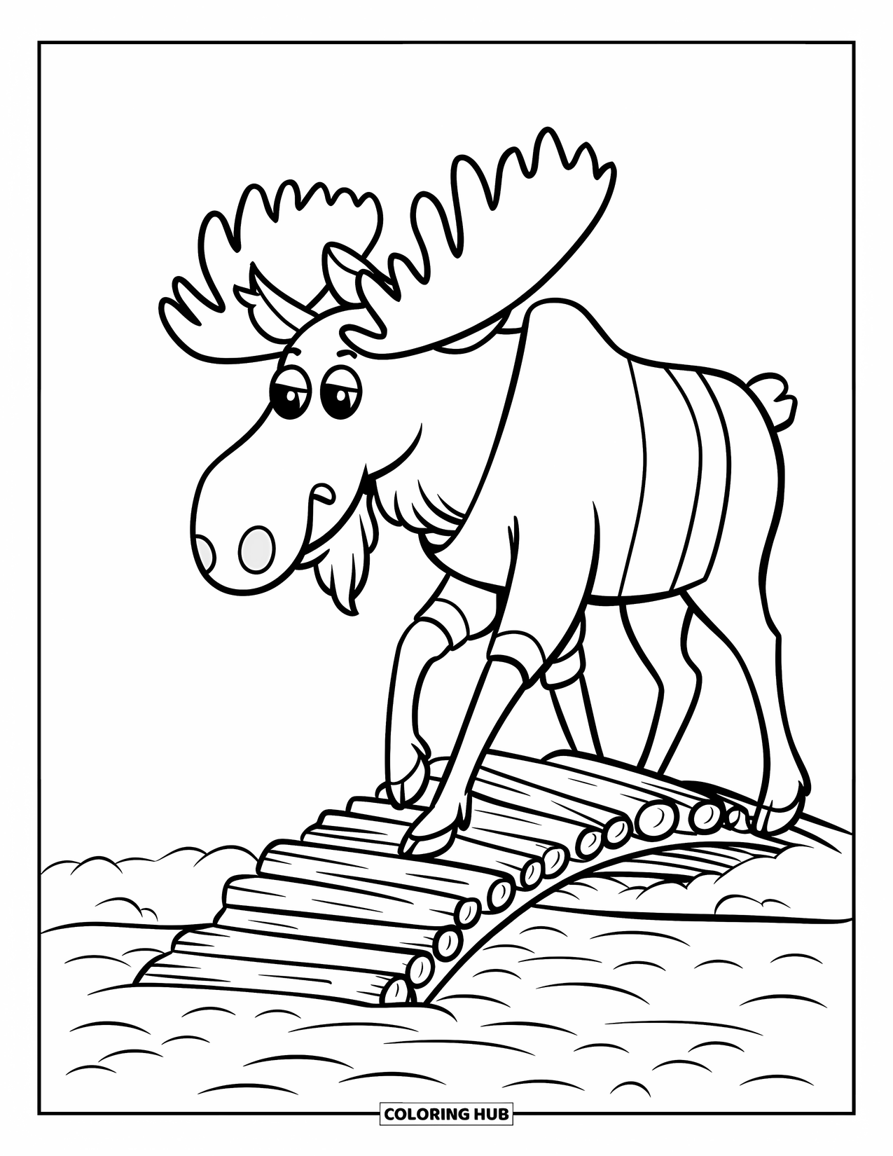 Woodland Animal Coloring Page for Kids: A moose in a sweater walks past a log bridge partly under the water