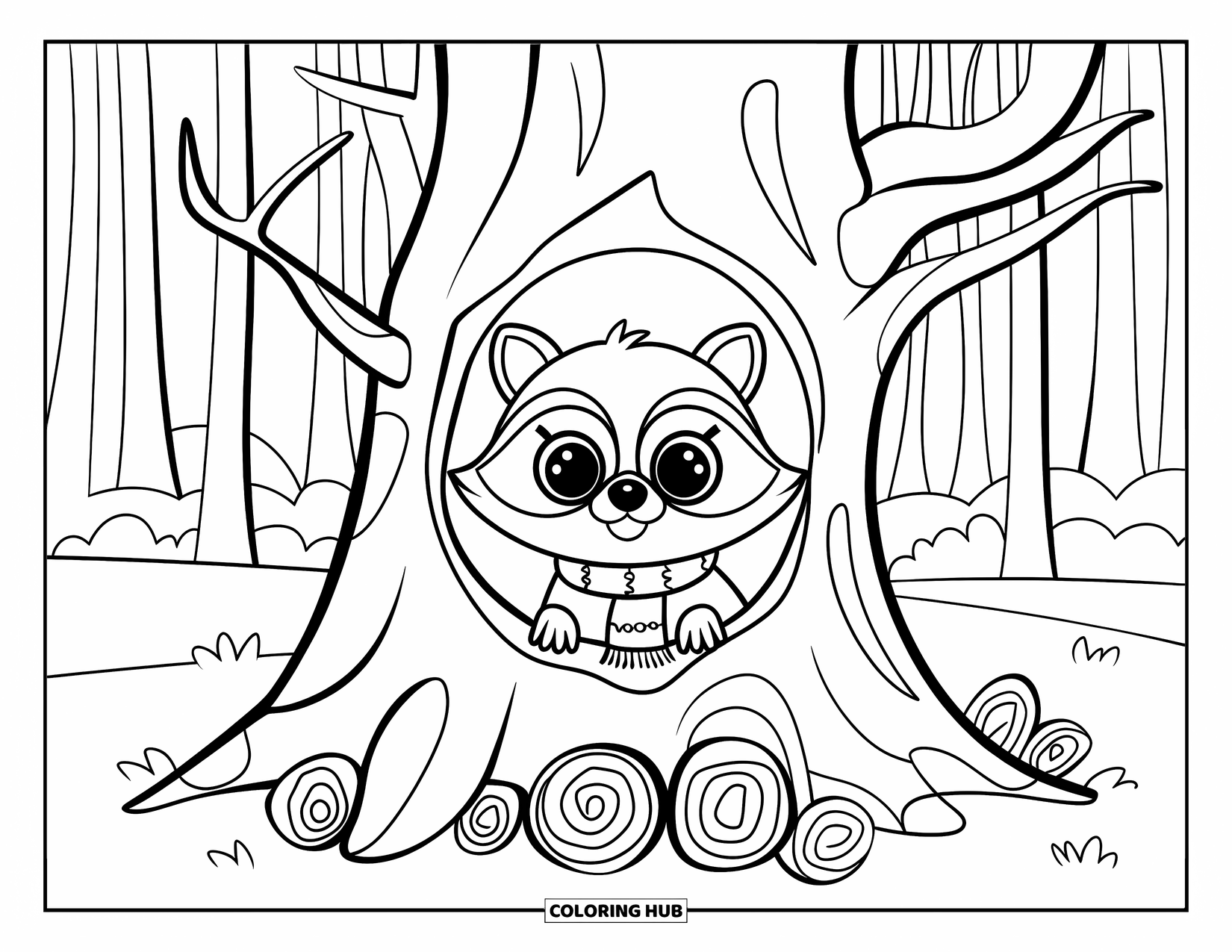 Woodland Animal Coloring Page for Kids: A raccoon peeks from a tree hollow surrounded by logs in a tall forest