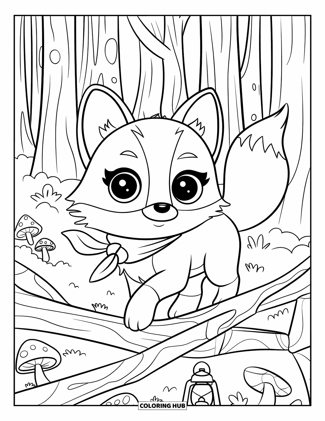 Woodland Animal Coloring Page for Kids: A scarf-wearing fox moves slowly through branches, past mushrooms and a glowing lantern