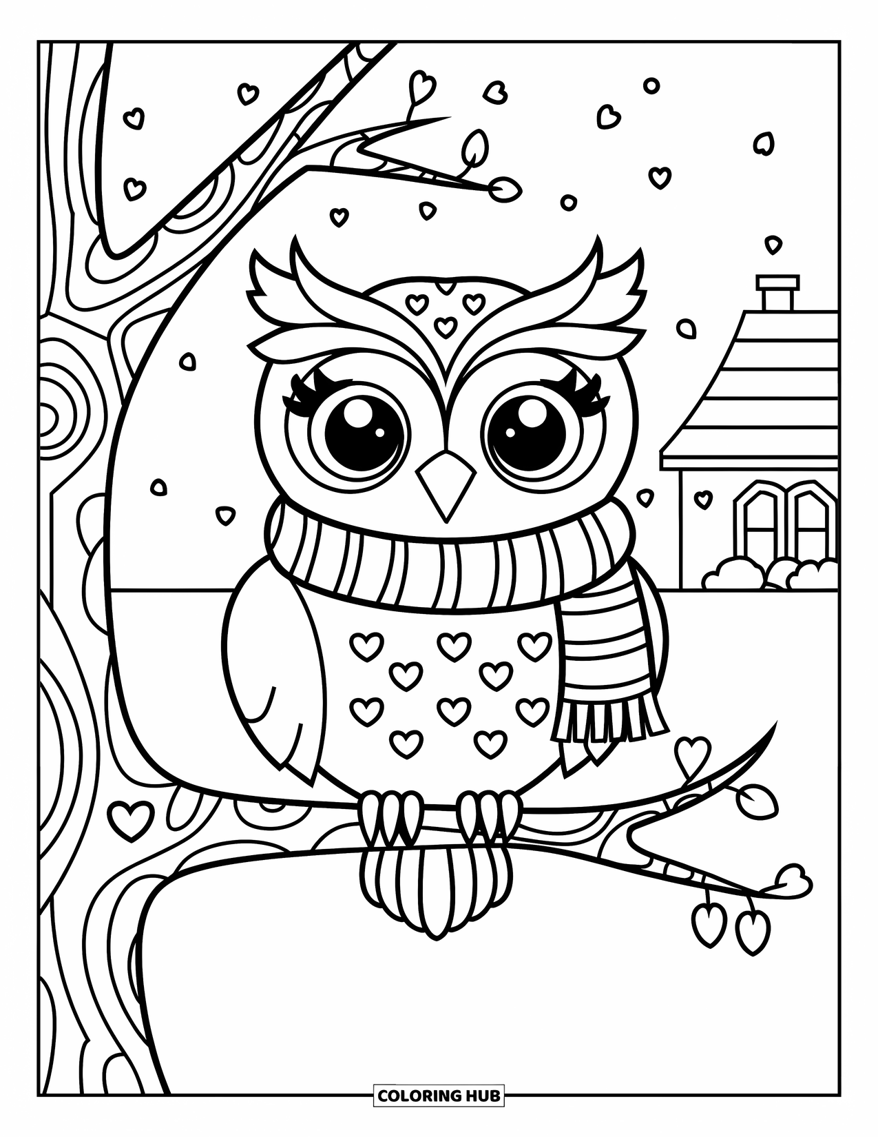 Woodland Animal Coloring Page for Kids: A smiling owl in a scarf perches on a branch with hearts and a snowy cottage