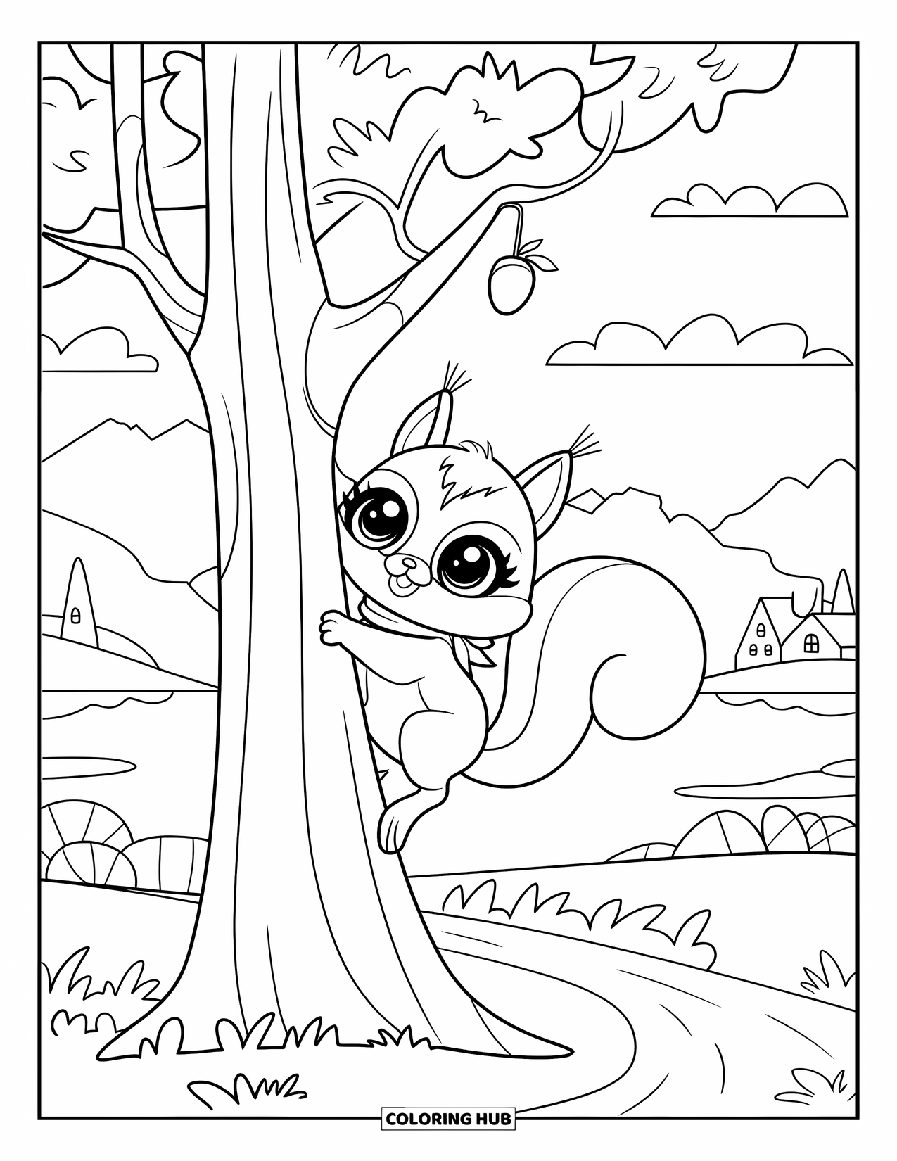 Woodland Animal Coloring Page for Kids: A squirrel in a scarf climbs a tree toward an acorn in a scenic mountain view