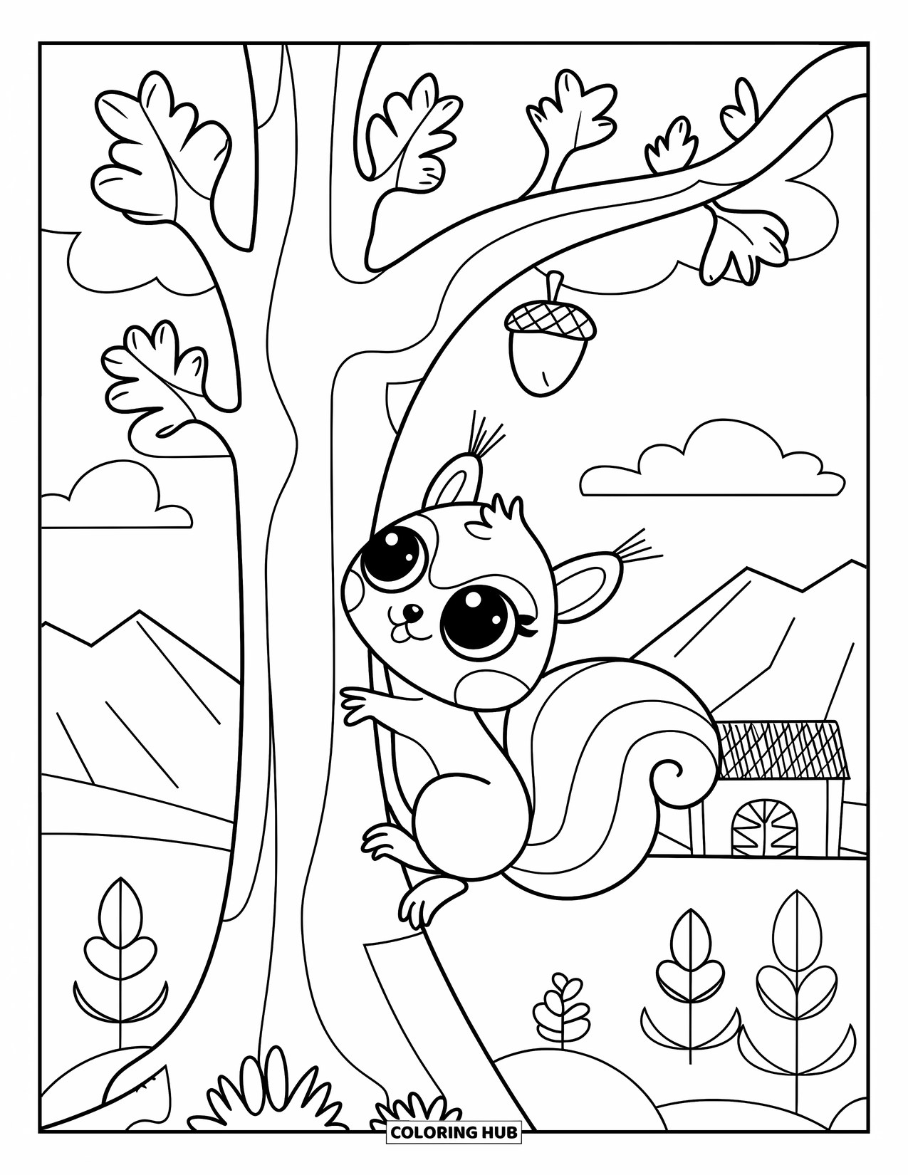 Woodland Animal Coloring Page for Kids: A squirrel reaches for an acorn in a tree above a cottage and soft hills