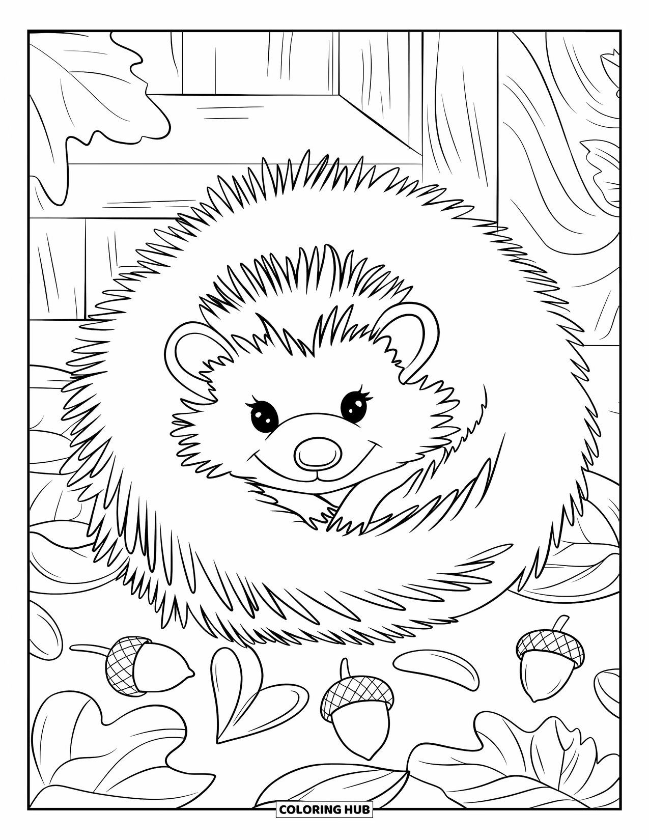 Woodland Animal Coloring Page for Kids: A sweet hedgehog with a pink nose naps beside leaves in a cozy woodsy scene