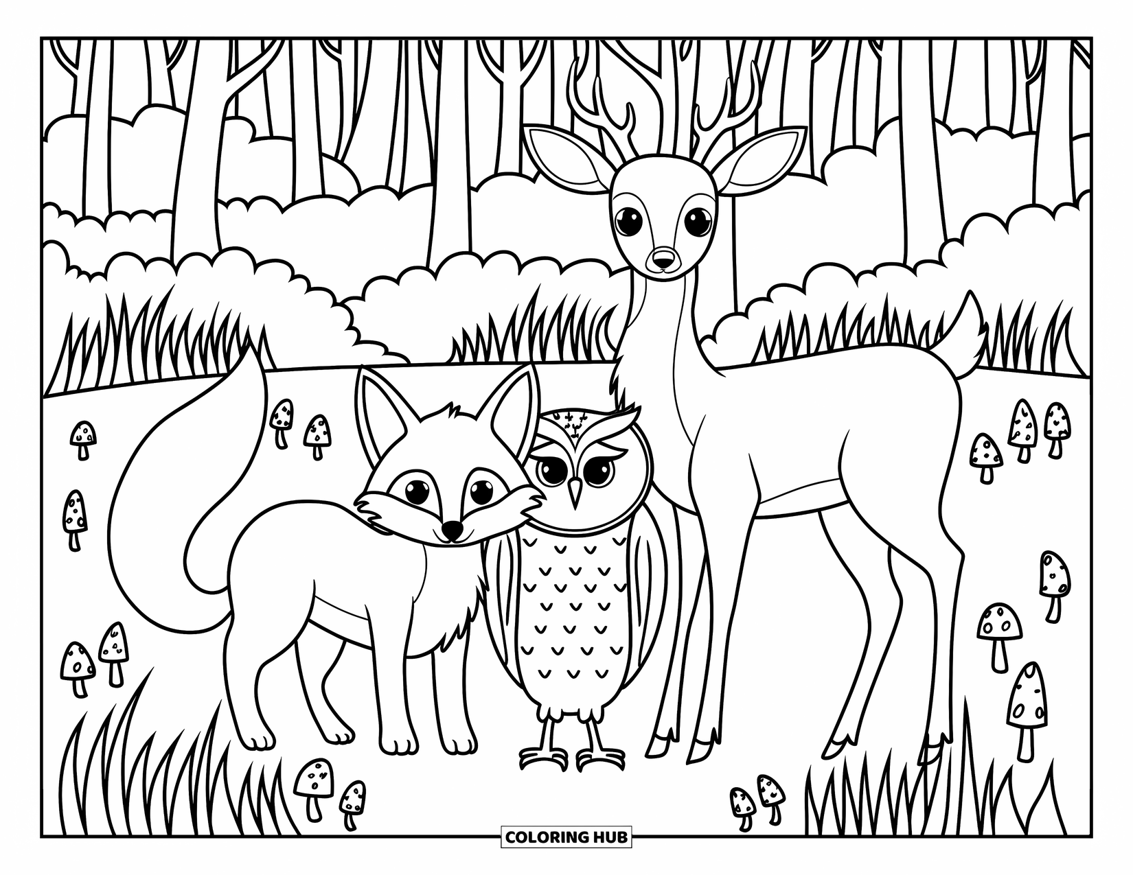 Woodland Animal Coloring Page for Kids: A trio of forest friends-fox, owl, and deer-gather in a calm woodland scene
