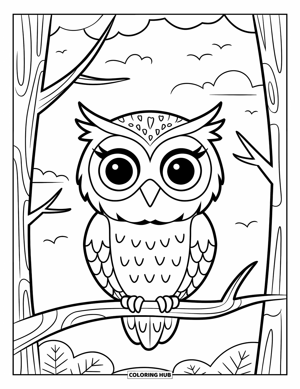Woodland Animal Coloring Page for Kids: A wide-eyed owl rests on a branch, gazing at the calm evening sky