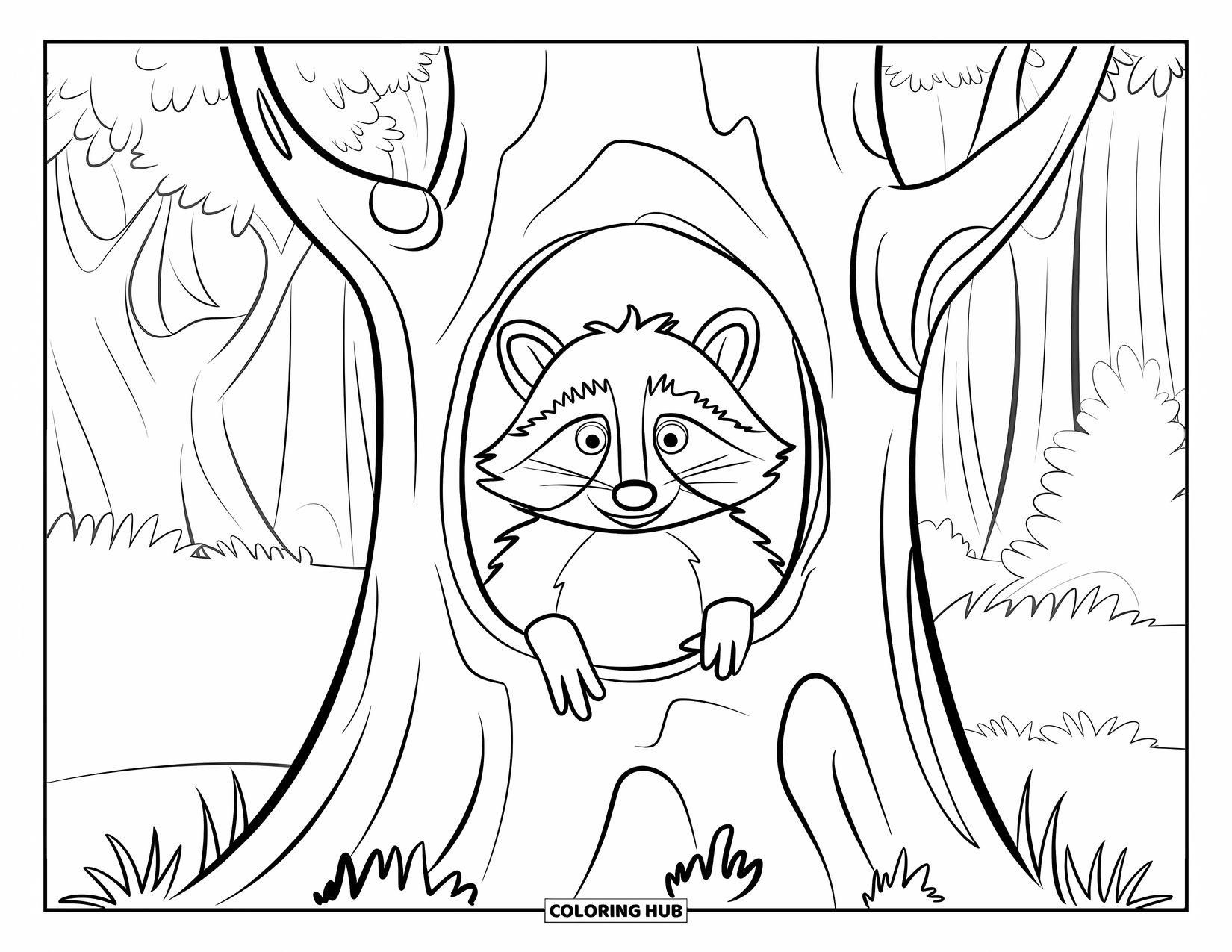Woodland Animal Coloring Page for Kids: A wide-eyed raccoon peeks out of a hollow tree in a grassy forest clearing