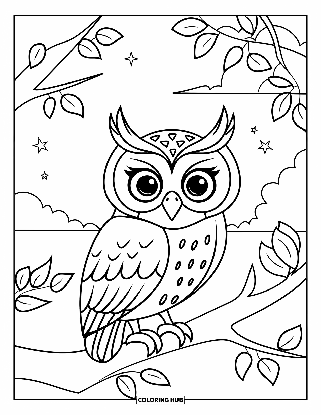 Woodland Animal Coloring Page for Kids: An owl with big eyes perches on a treetop branch under a starry dusk sky