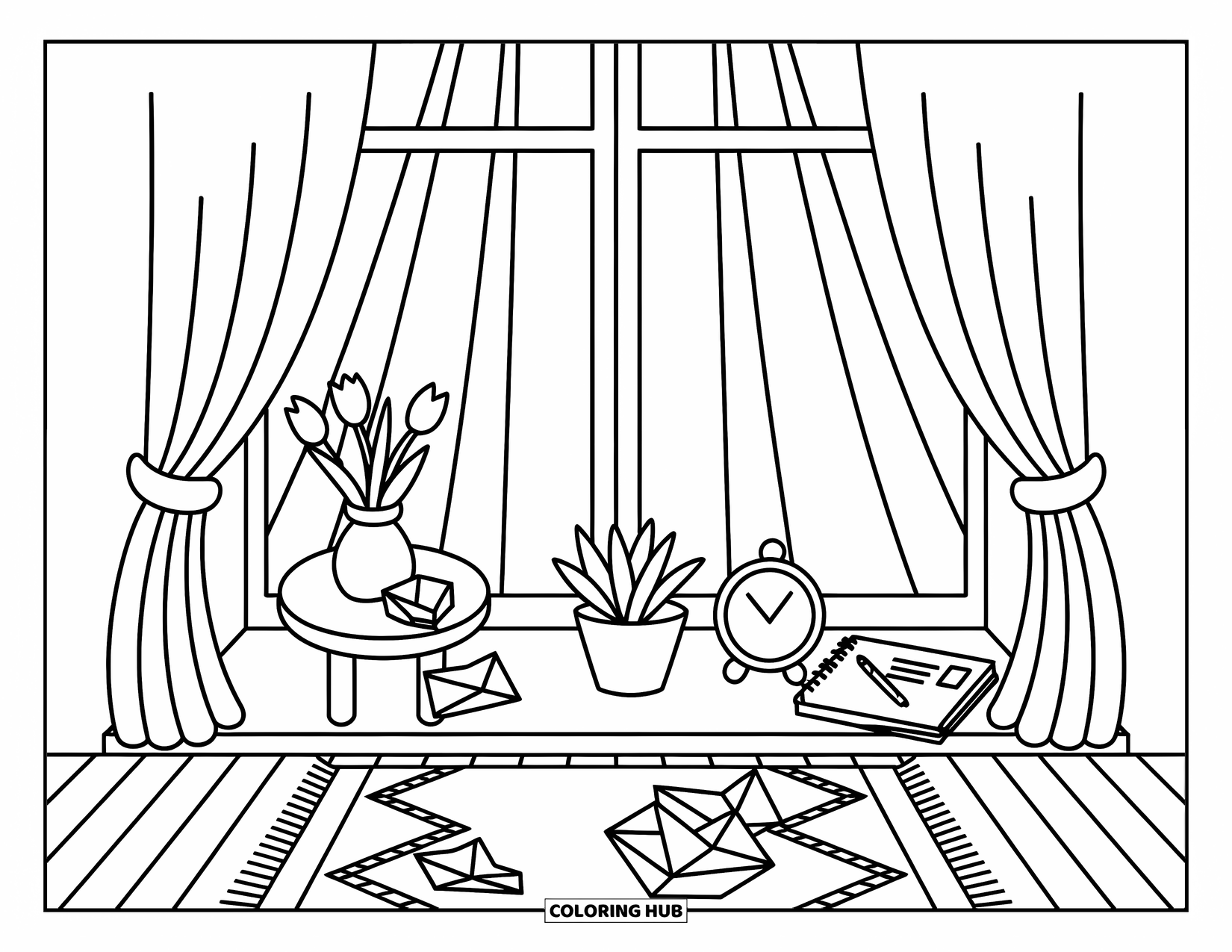 Yellow Coloring Page for Adults: A peaceful window corner with flowers, stars, and sunlight on a patterned rug