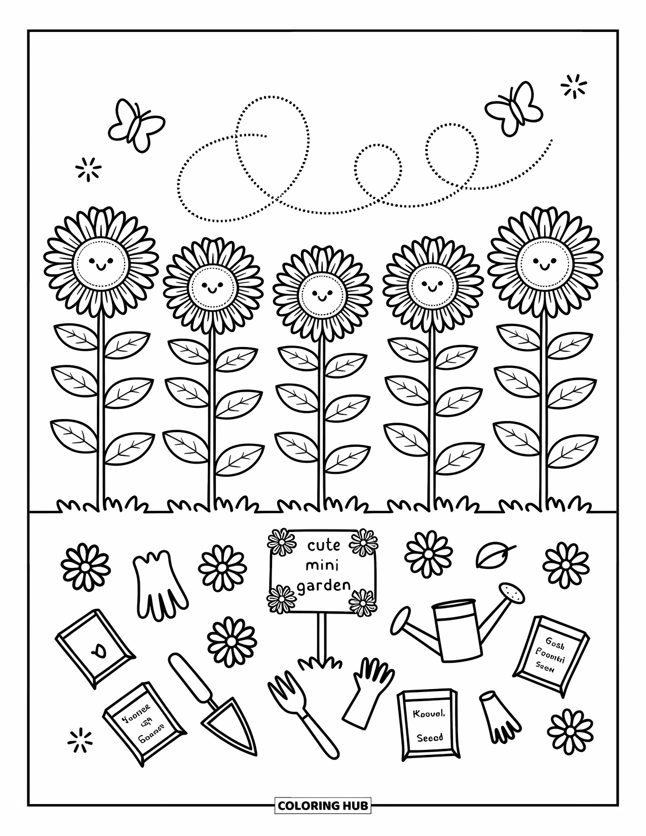 Yellow Coloring Page for Adults: A row of sunflowers towers over garden tools and doodled seed packets