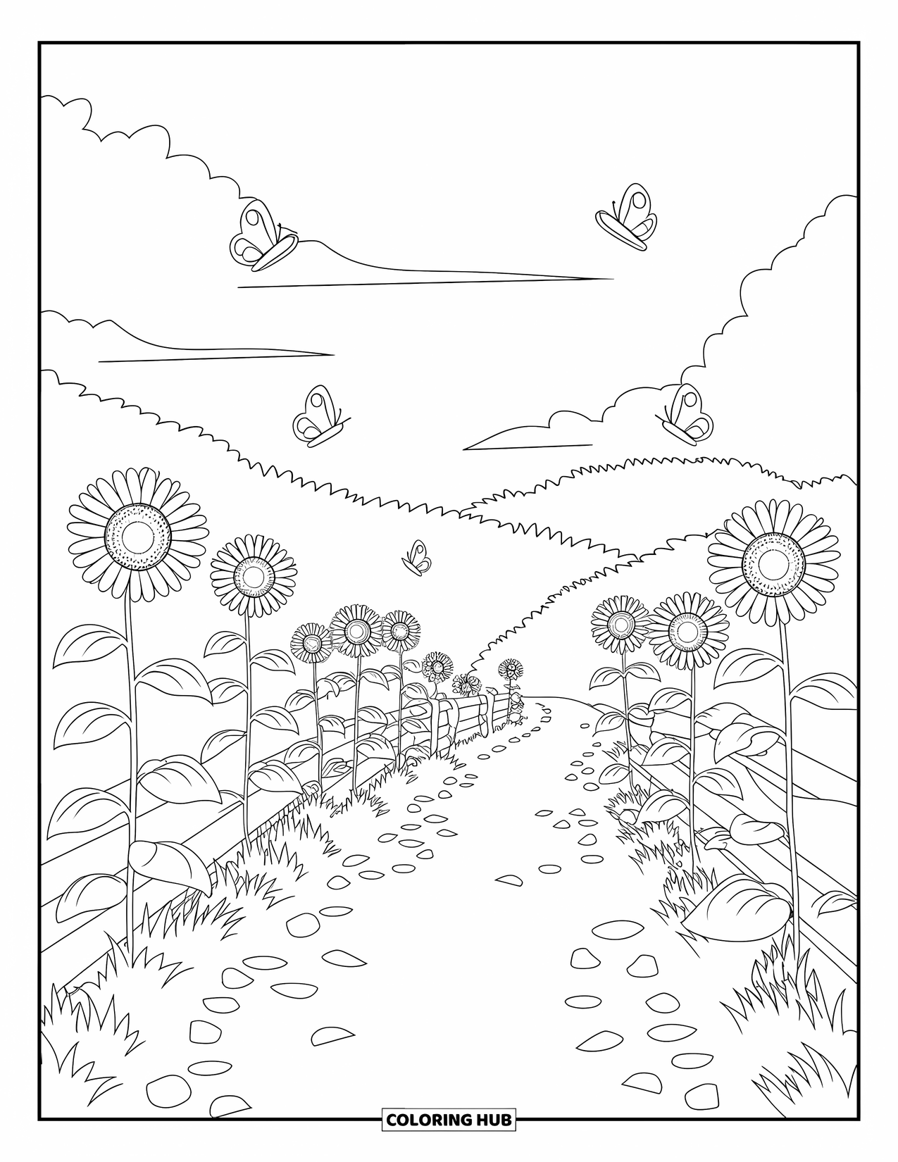 Yellow Coloring Page for Adults: A stone path winds between sunflower rows with butterflies flying gently