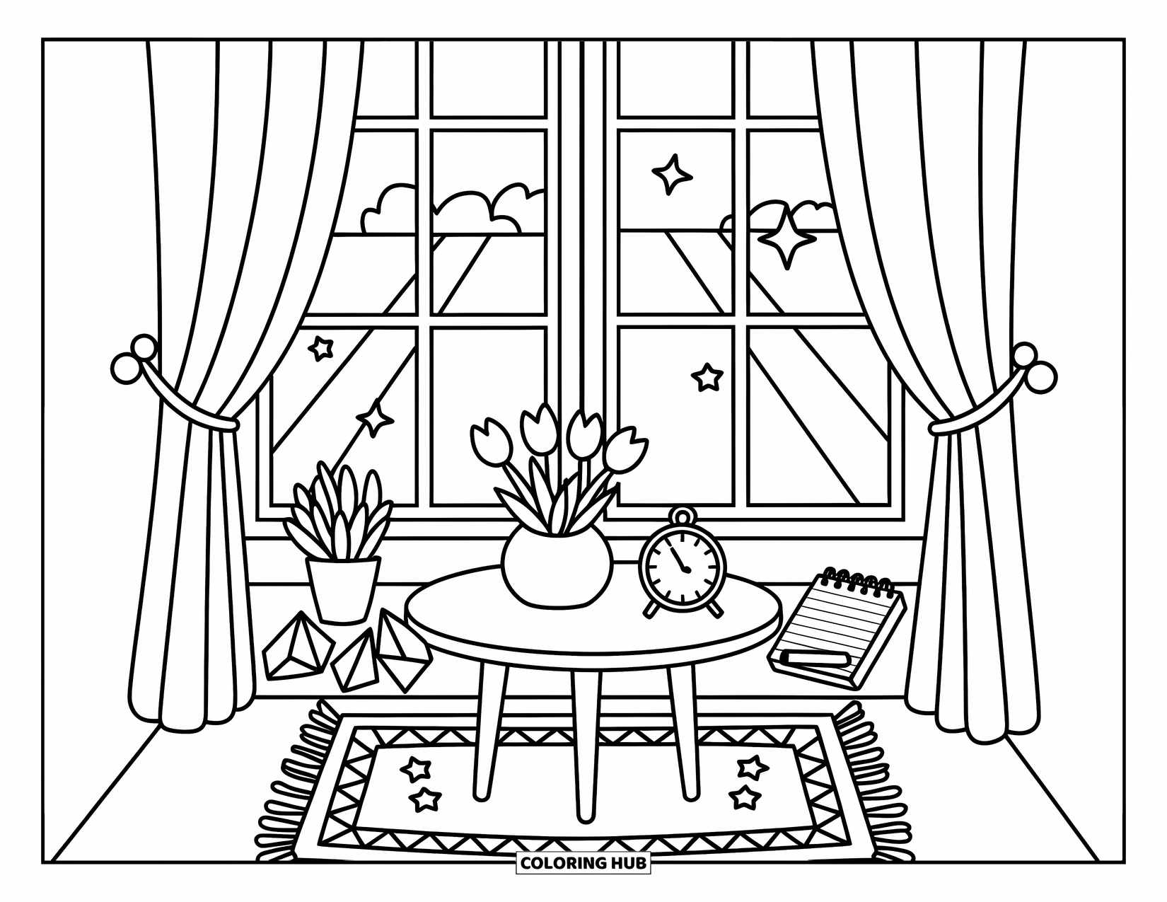 Yellow Coloring Page for Adults: A sunny window scene with tulips, folded stars, and a cute table setup
