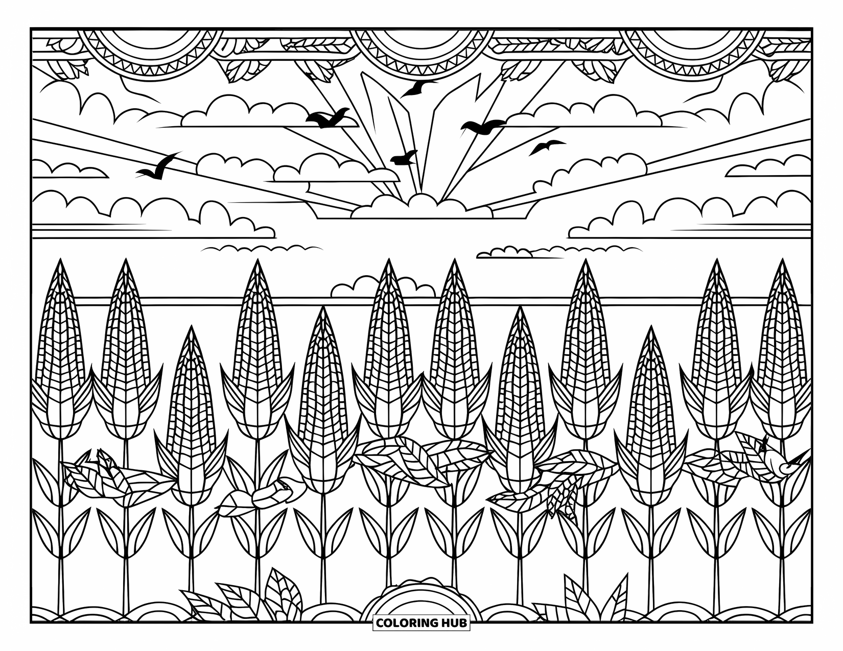 Yellow Coloring Page for Adults: Corn stalks rise under a sky with birds and swirling patterns