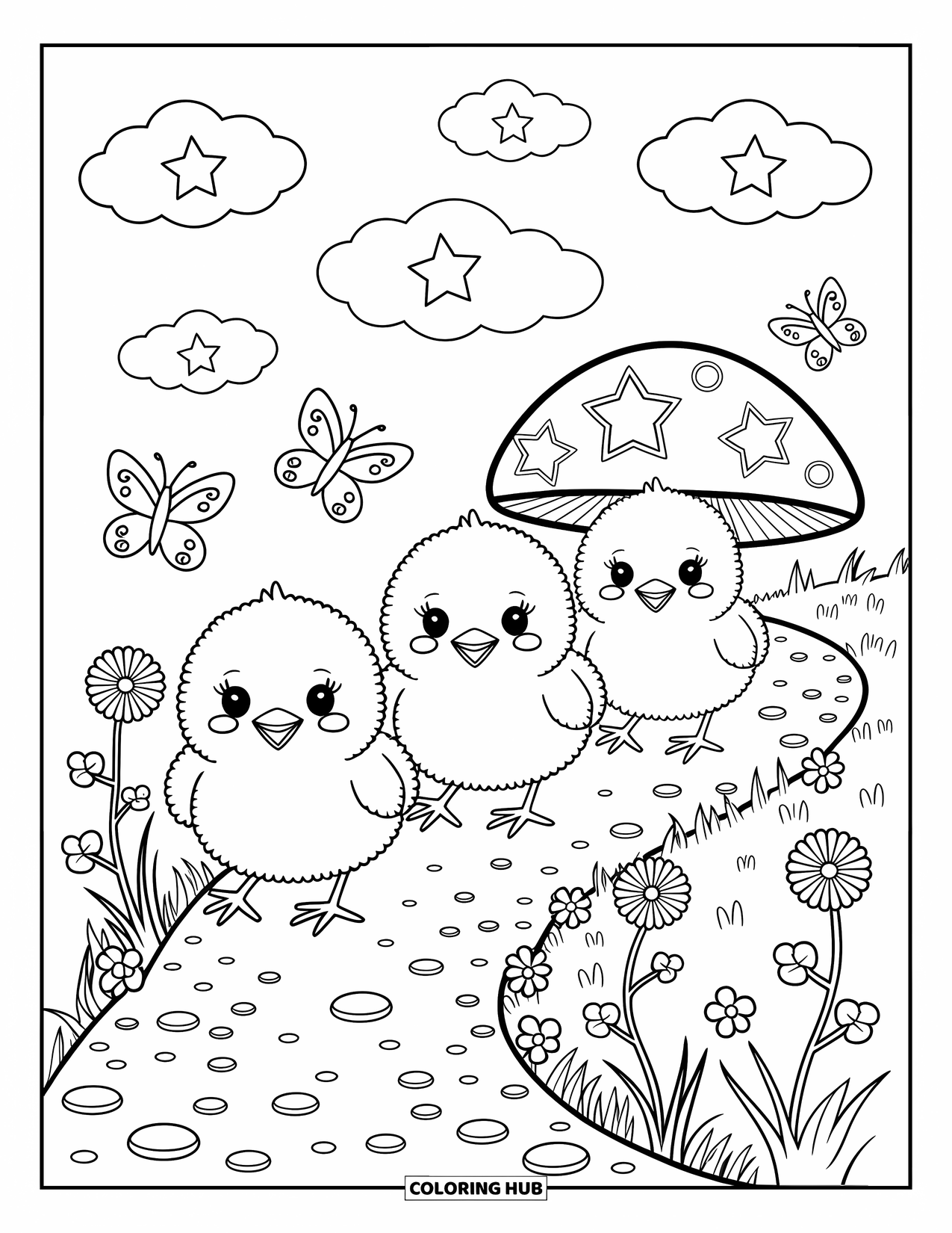 Yellow Coloring Page for Adults: Fluffy chicks explore a clover path with butterflies and a starry mushroom