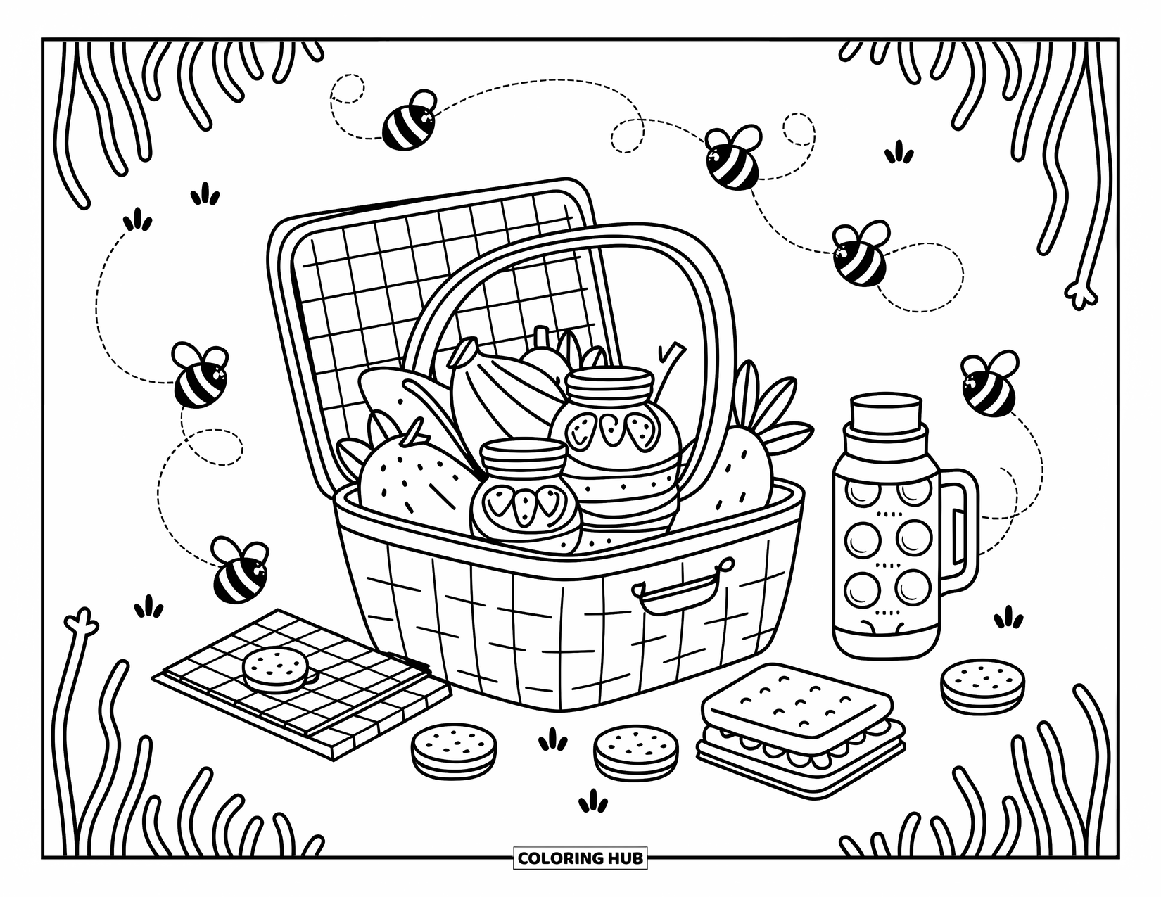 Yellow Coloring Page for Adults: Fruits and cookies spill from a picnic basket surrounded by bees and soft grass