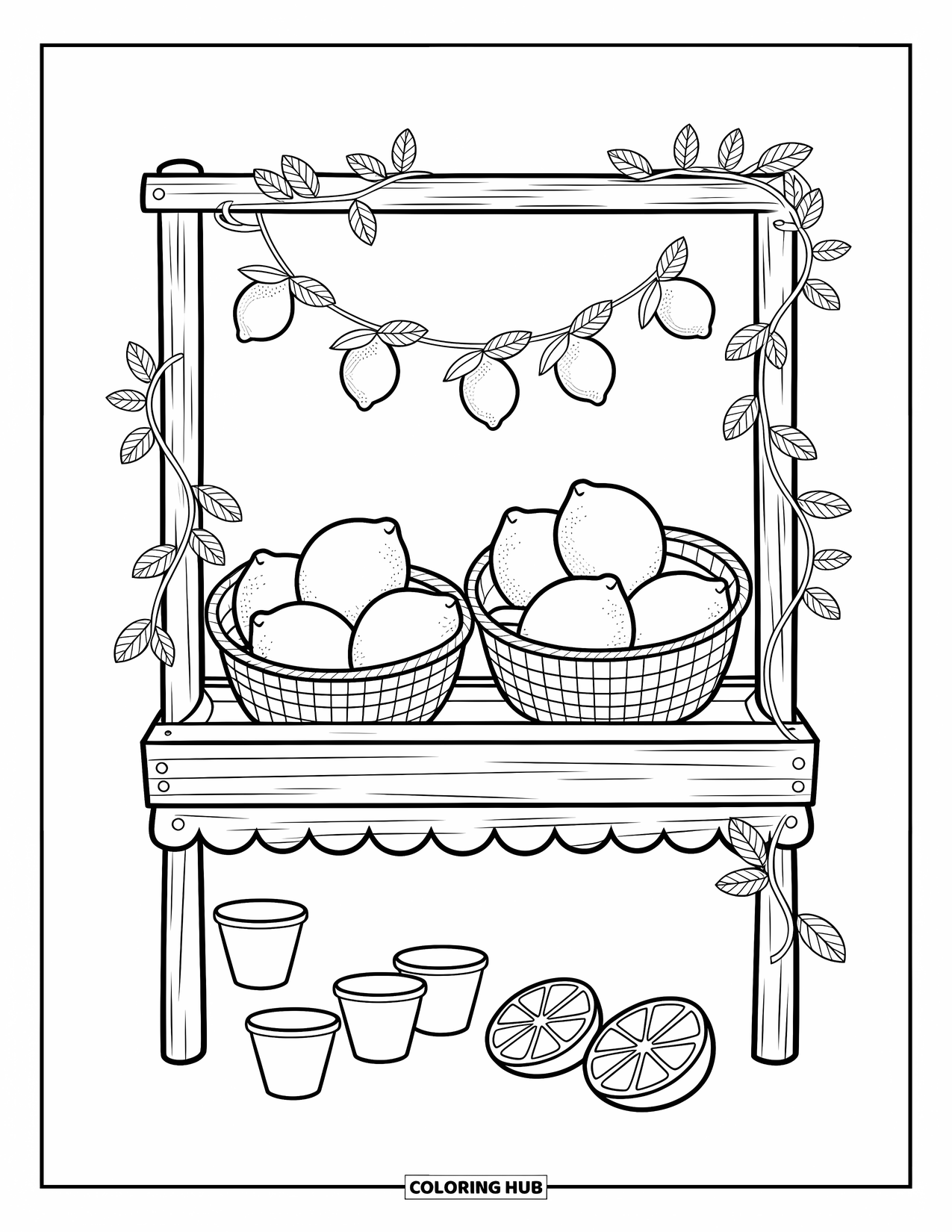 Yellow Coloring Page for Adults: Lemon baskets and leafy garlands fill a charming rustic stand