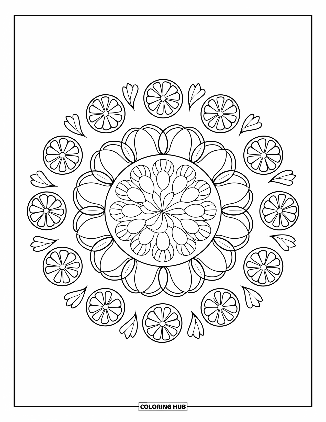 Yellow Coloring Page for Adults: Lemon slices and tulip petals form a round mandala in the center
