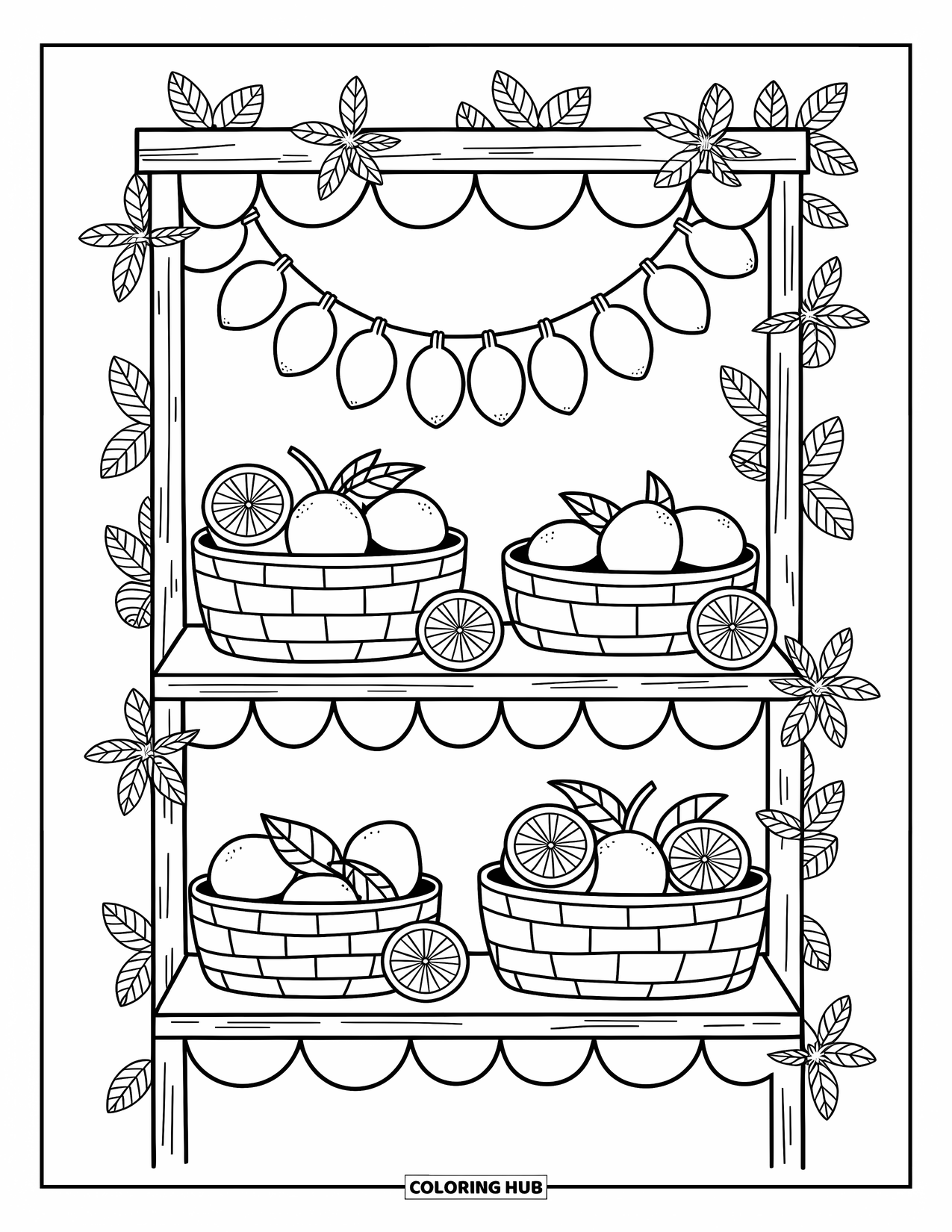Yellow Coloring Page for Adults: Lemons, cups, and flowers decorate a cozy wooden stand with citrusy charm