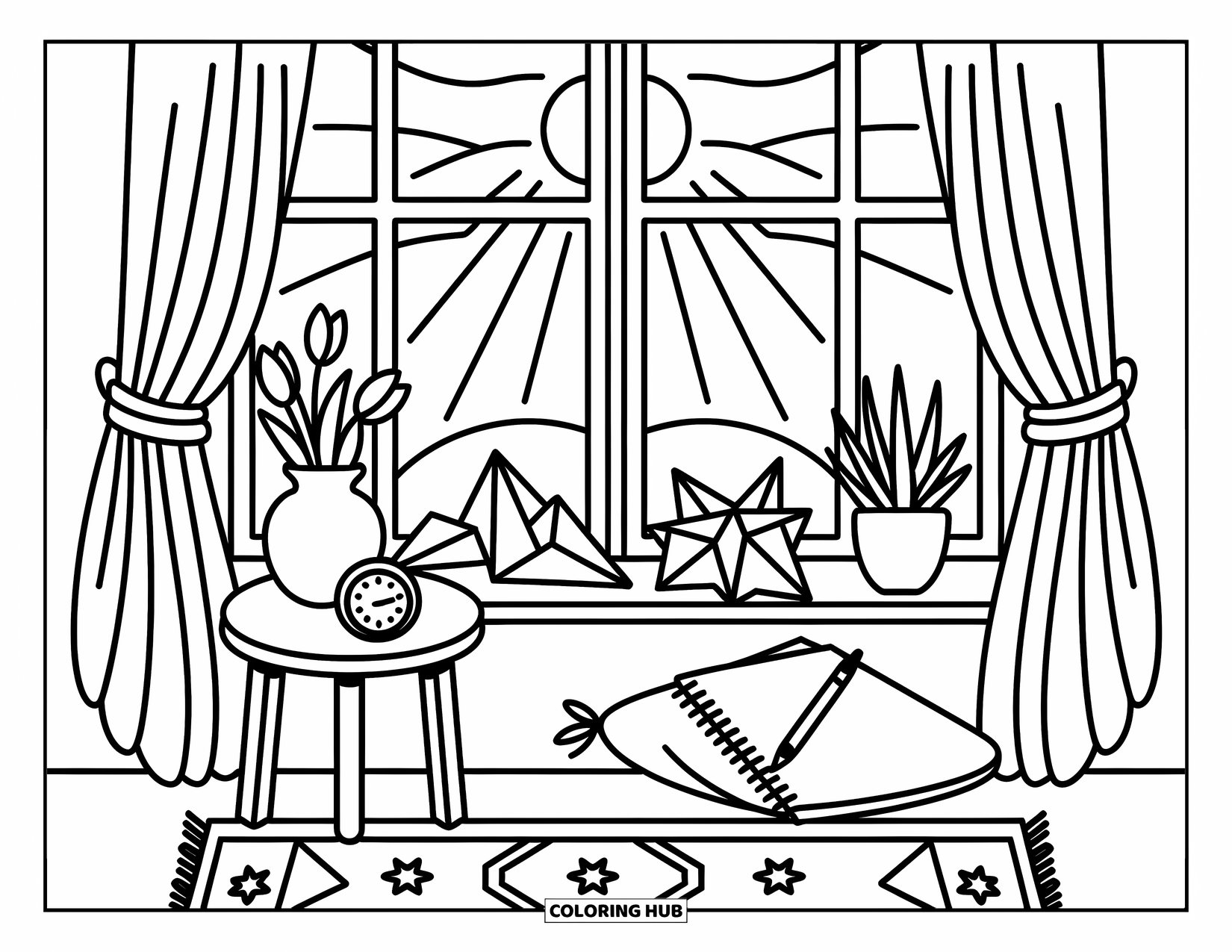 Yellow Coloring Page for Adults: Morning light fills a room with tulips, folded stars, and a cozy rug
