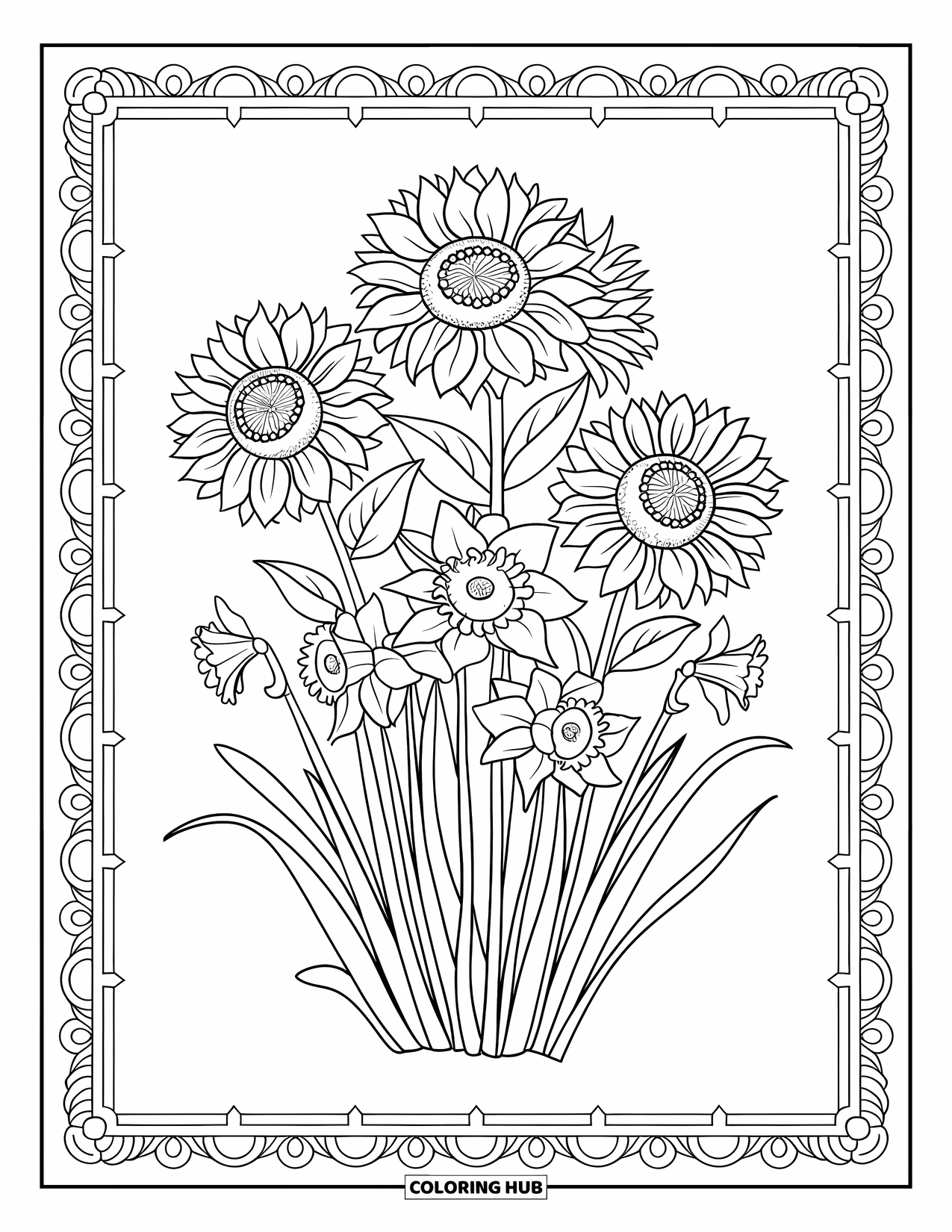 Yellow Coloring Page for Adults: Sunflowers and daffodils bloom in a framed design with decorative patterns